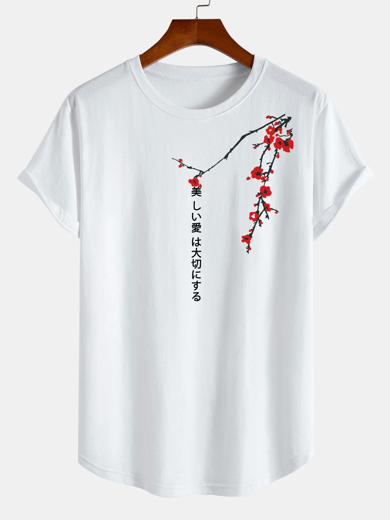 Slogan Floral Print Baumwolle Bogen Saum T-Shirt