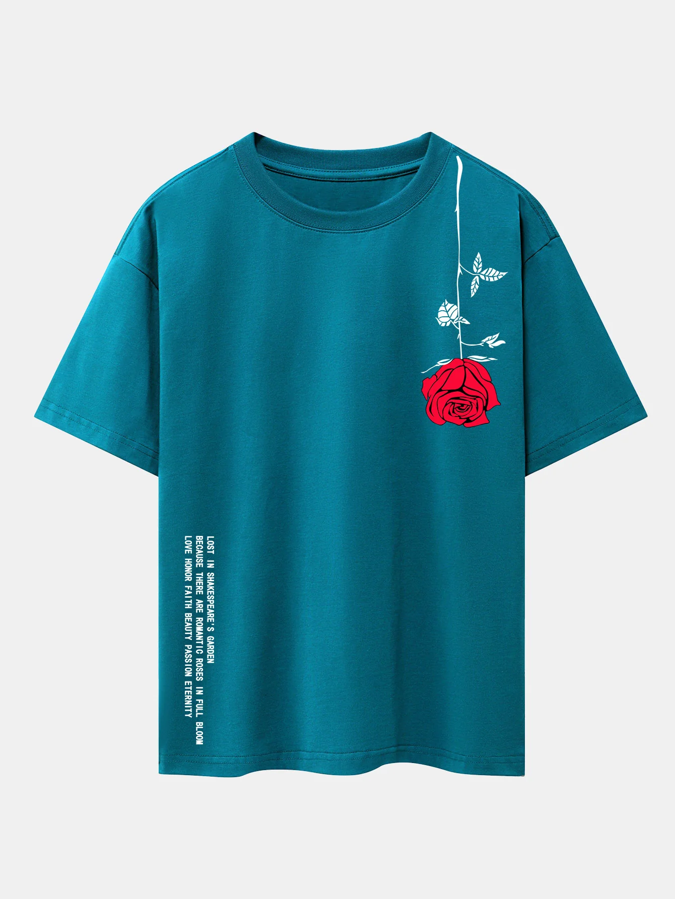 Slogan-Rosenprint-Drop-Shoulder-Übergröße-T-Shirt - Image 12