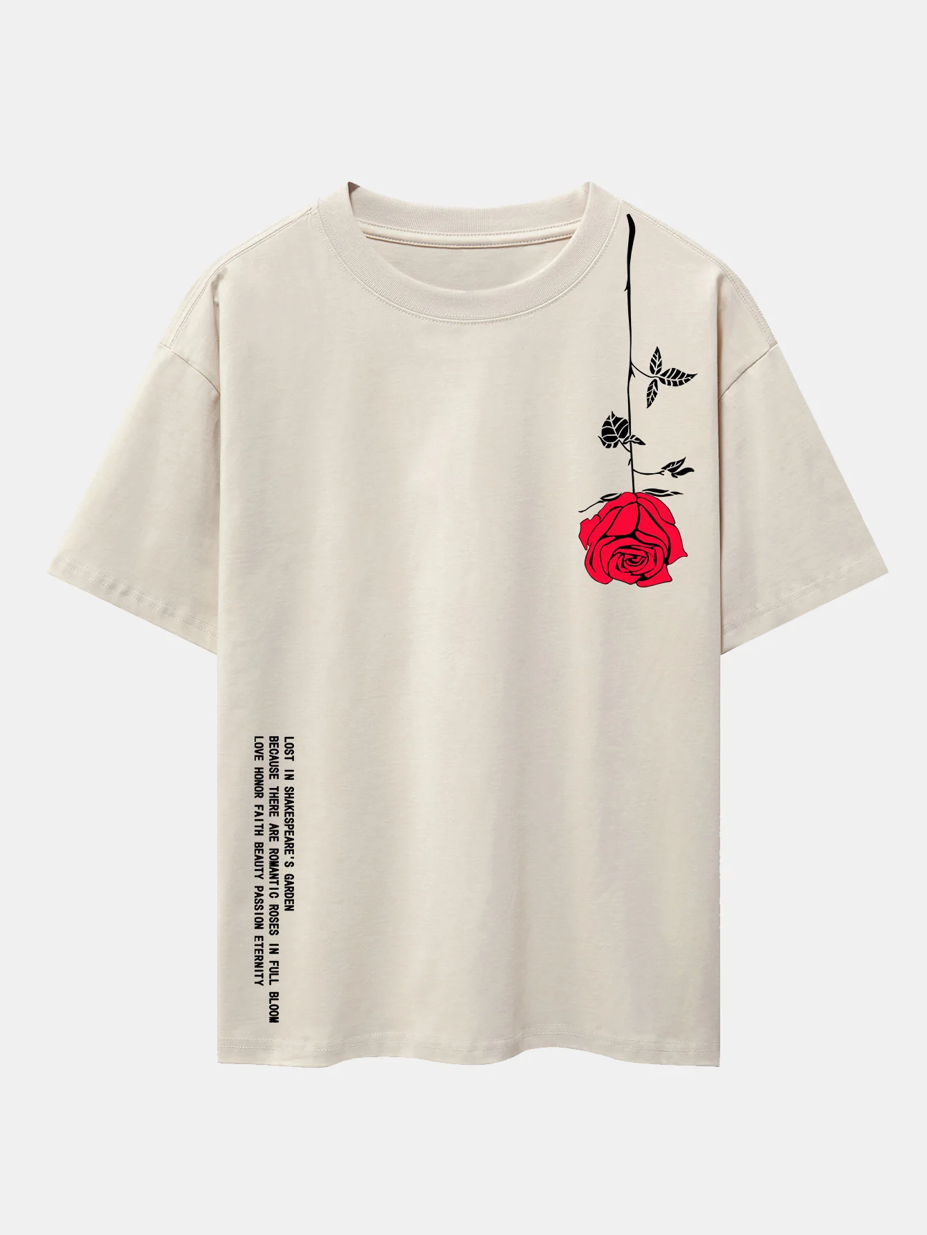 Slogan-Rosenprint-Drop-Shoulder-Übergröße-T-Shirt - Image 3