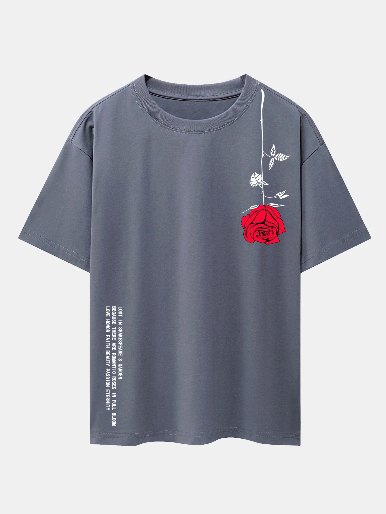 Slogan-Rosenprint-Drop-Shoulder-Übergröße-T-Shirt - Image 4