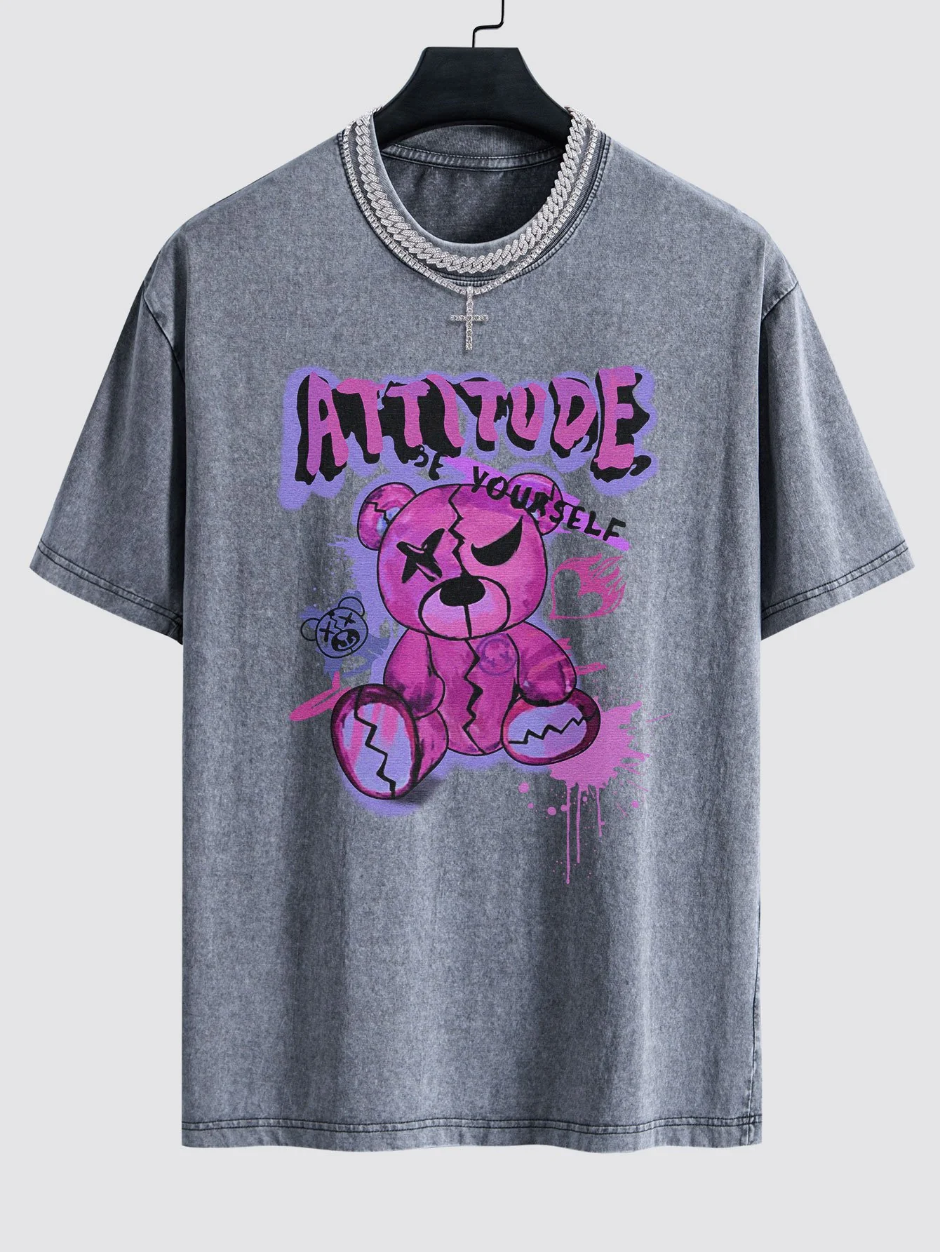 Slogan Gewaltiger Bären Druck Gewaschen Drop Shoulder Oversize T-Shirt - Image 2