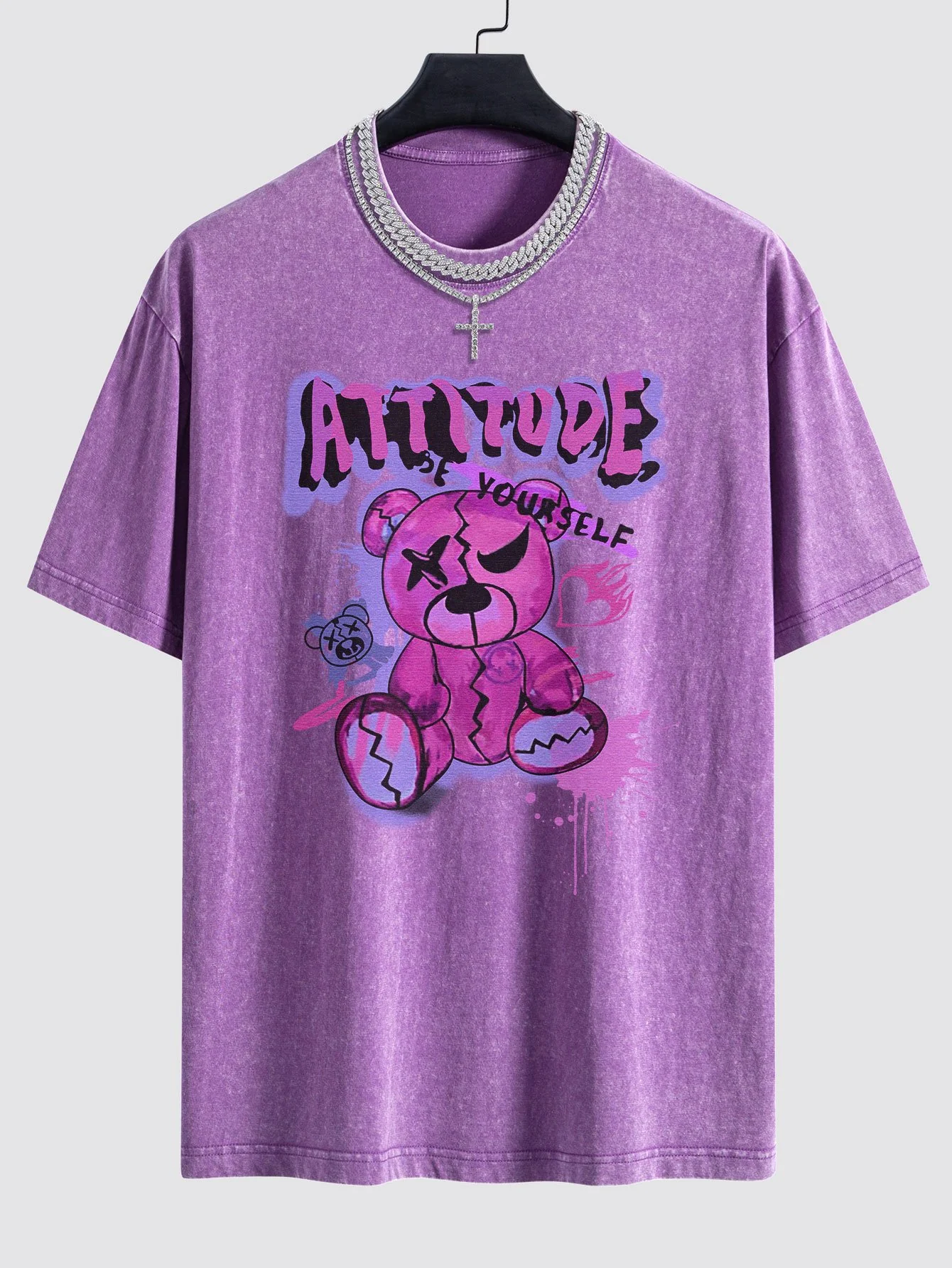 Slogan Gewaltiger Bären Druck Gewaschen Drop Shoulder Oversize T-Shirt - Image 3