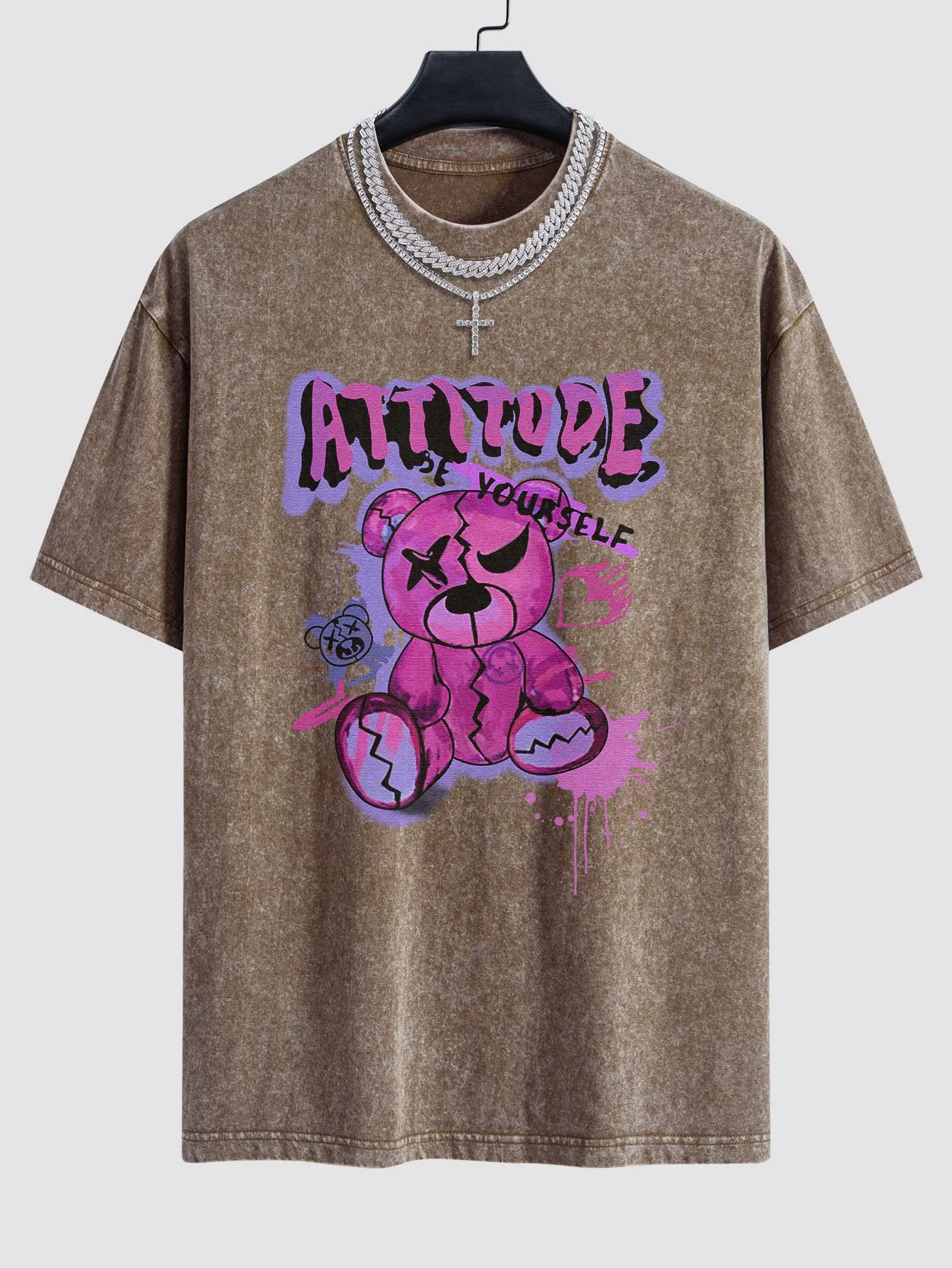Slogan Gewaltiger Bären Druck Gewaschen Drop Shoulder Oversize T-Shirt - Image 4