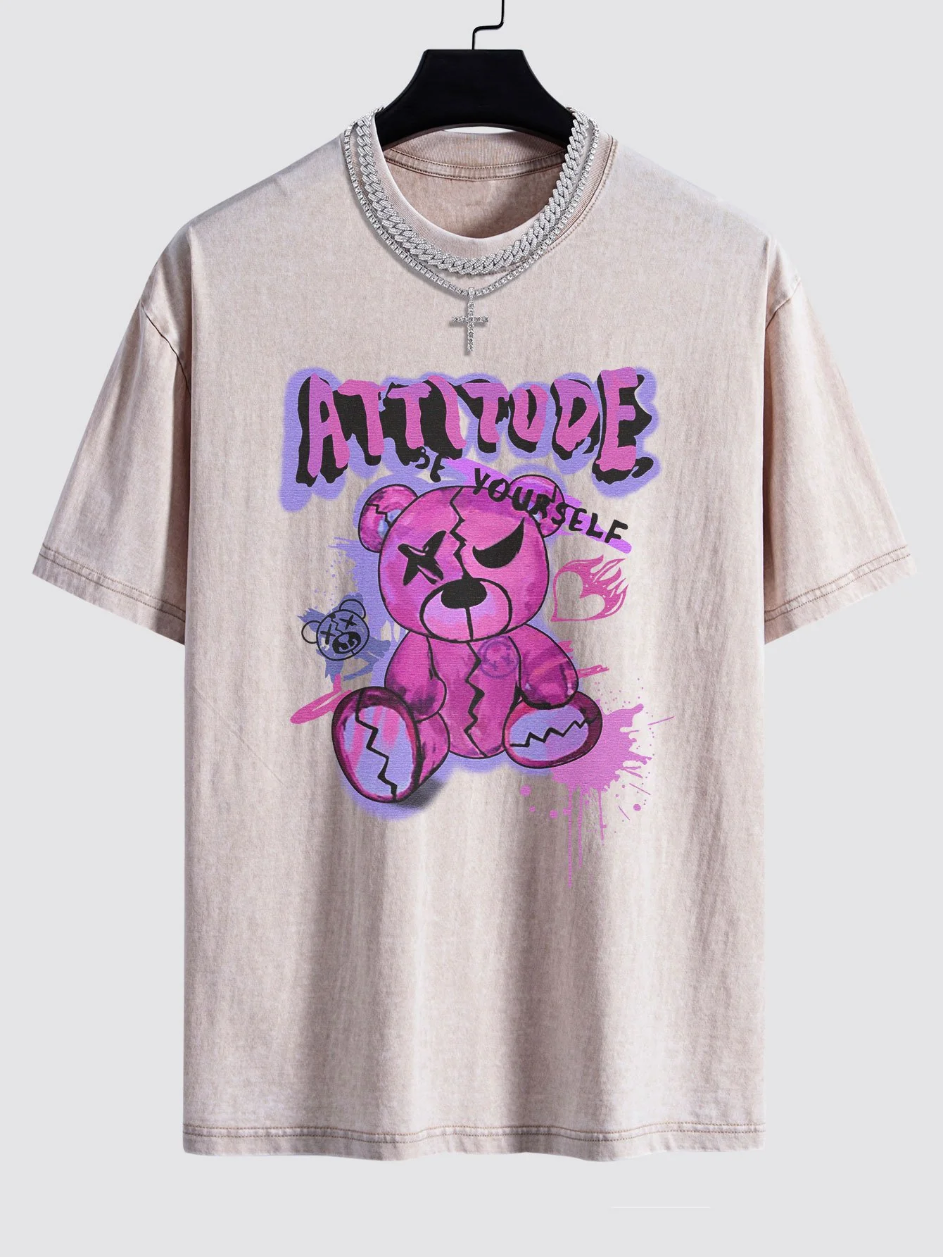 Slogan Gewaltiger Bären Druck Gewaschen Drop Shoulder Oversize T-Shirt - Image 6