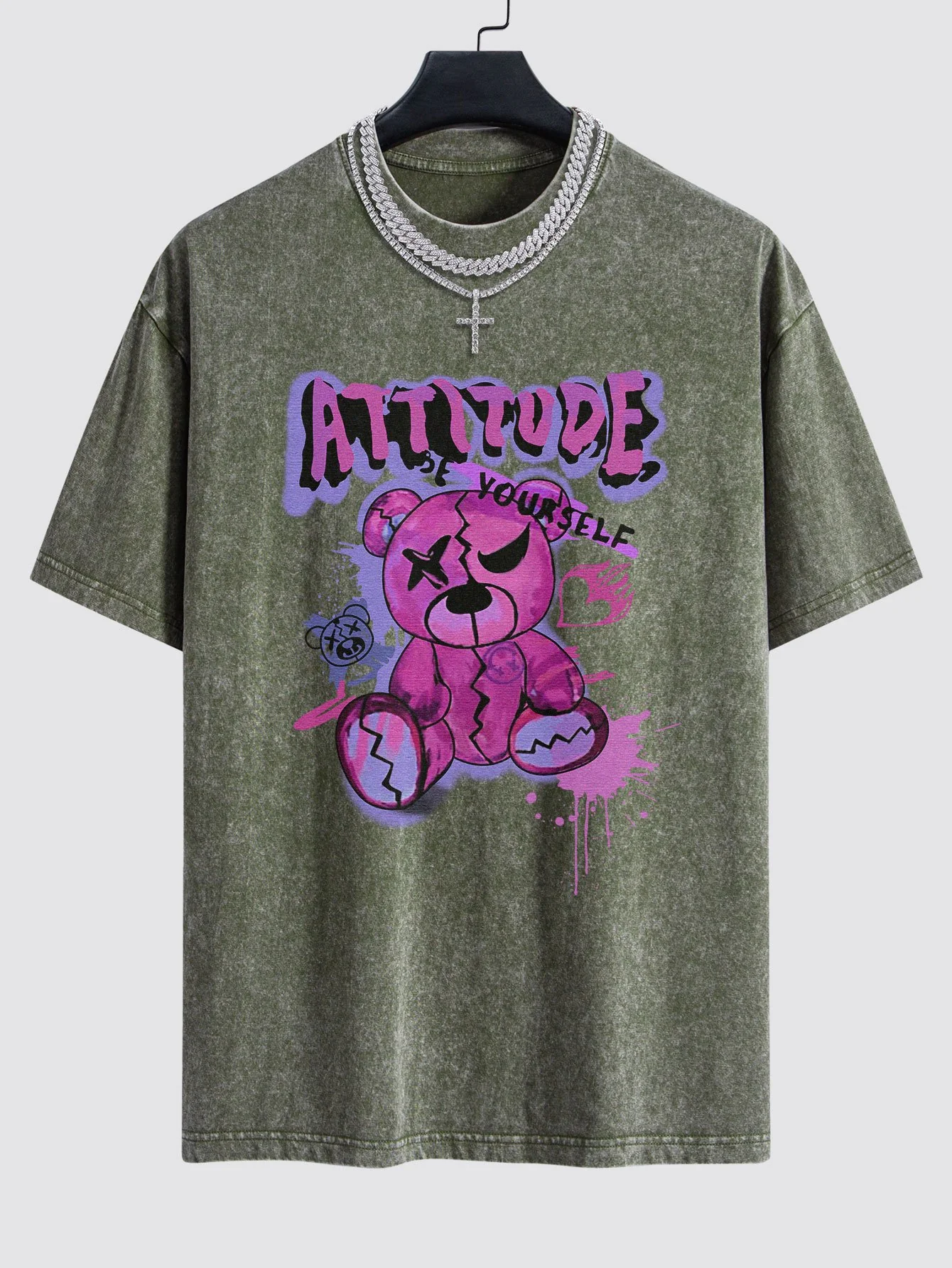 Slogan Gewaltiger Bären Druck Gewaschen Drop Shoulder Oversize T-Shirt - Image 8