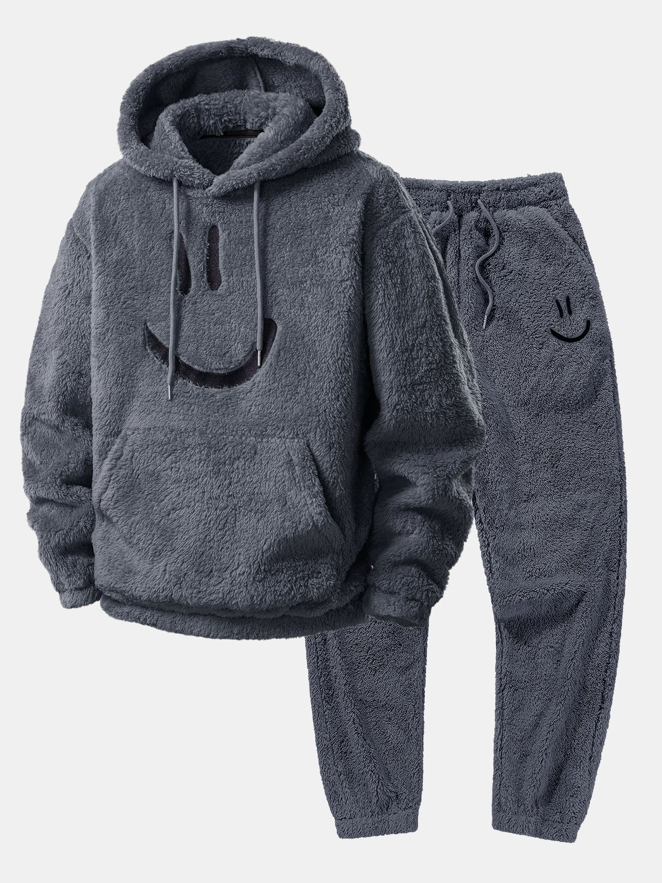 Smiley Face Embroidered Teddy Hoodie & Jogger Pants - Image 2