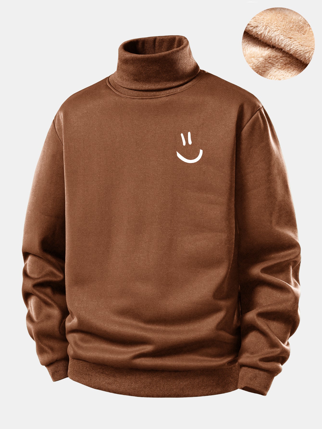Smiley Face Print Teddy Fleece Lined Turtle Neck Sweatshirt - Image 2