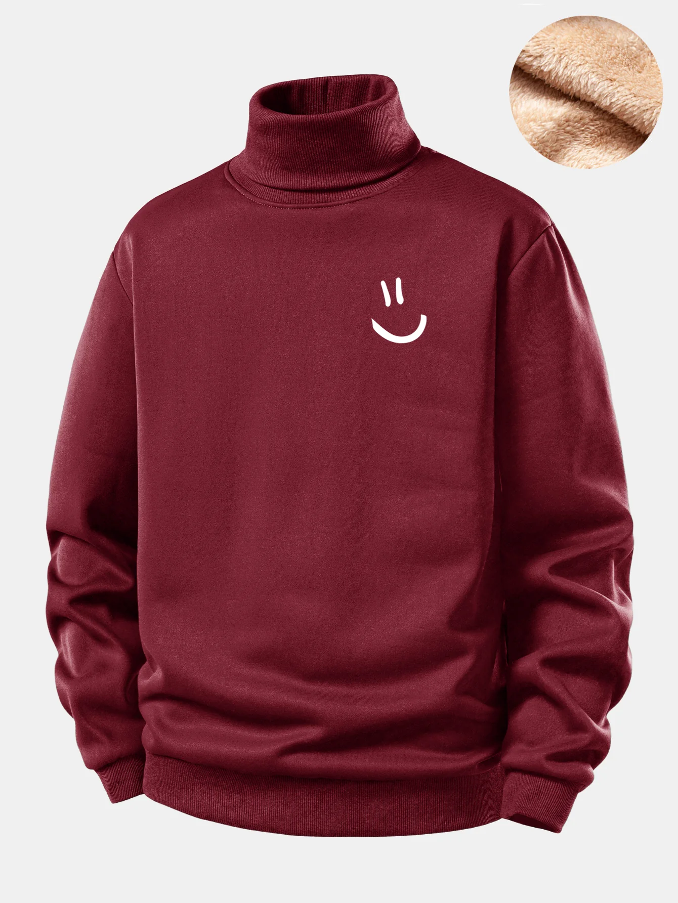 Smiley Face Print Teddy Fleece Lined Turtle Neck Sweatshirt - Image 3