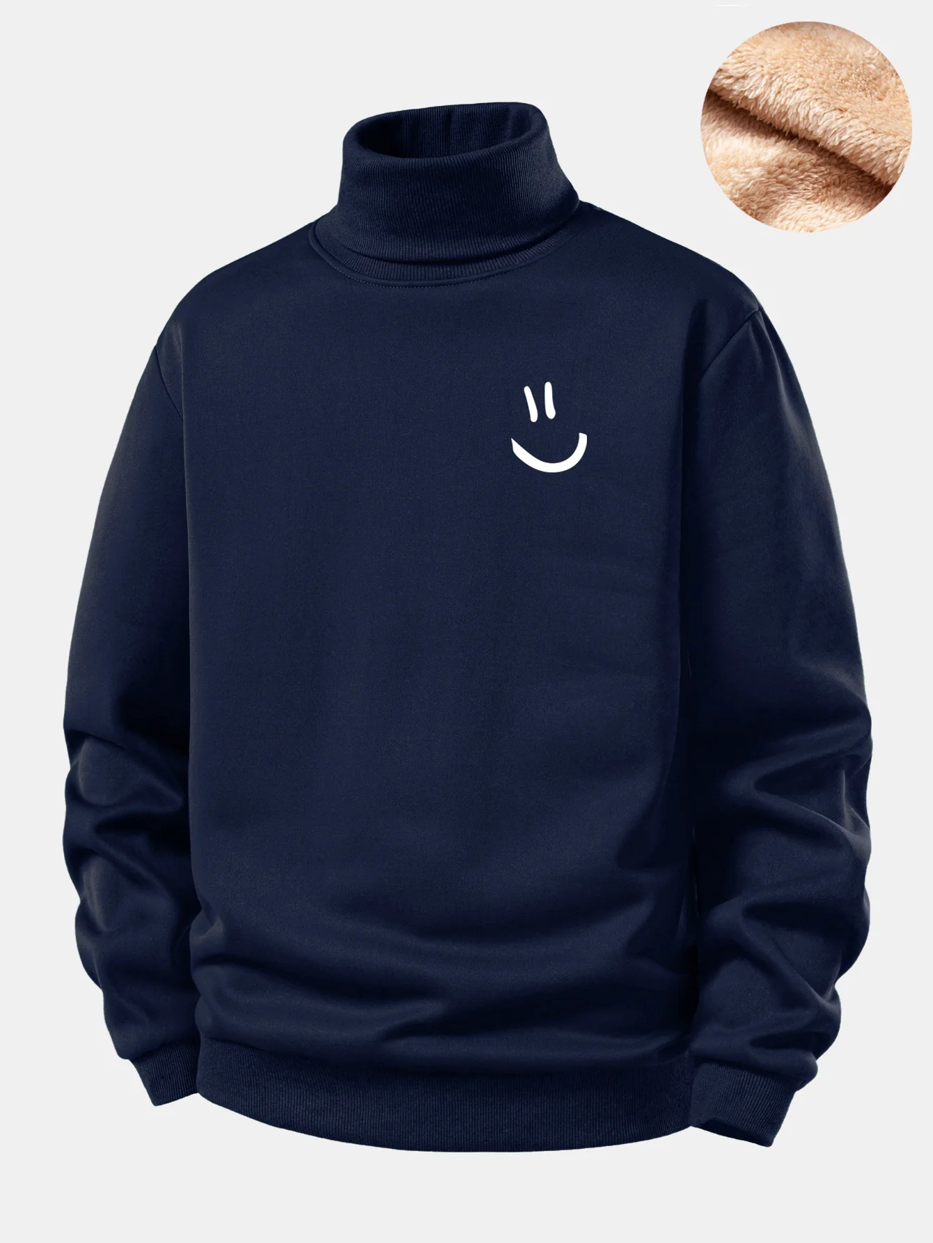 Smiley Face Print Teddy Fleece Lined Turtle Neck Sweatshirt - Image 5