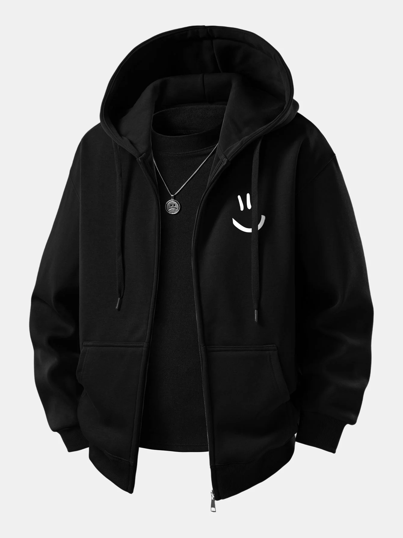 Smiley Face Print Zip-Up Hoodie