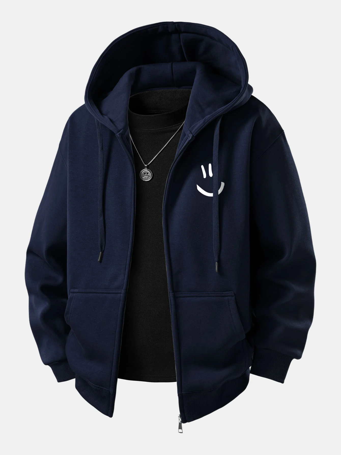 Smiley Face Print Zip-Up Hoodie - Image 11