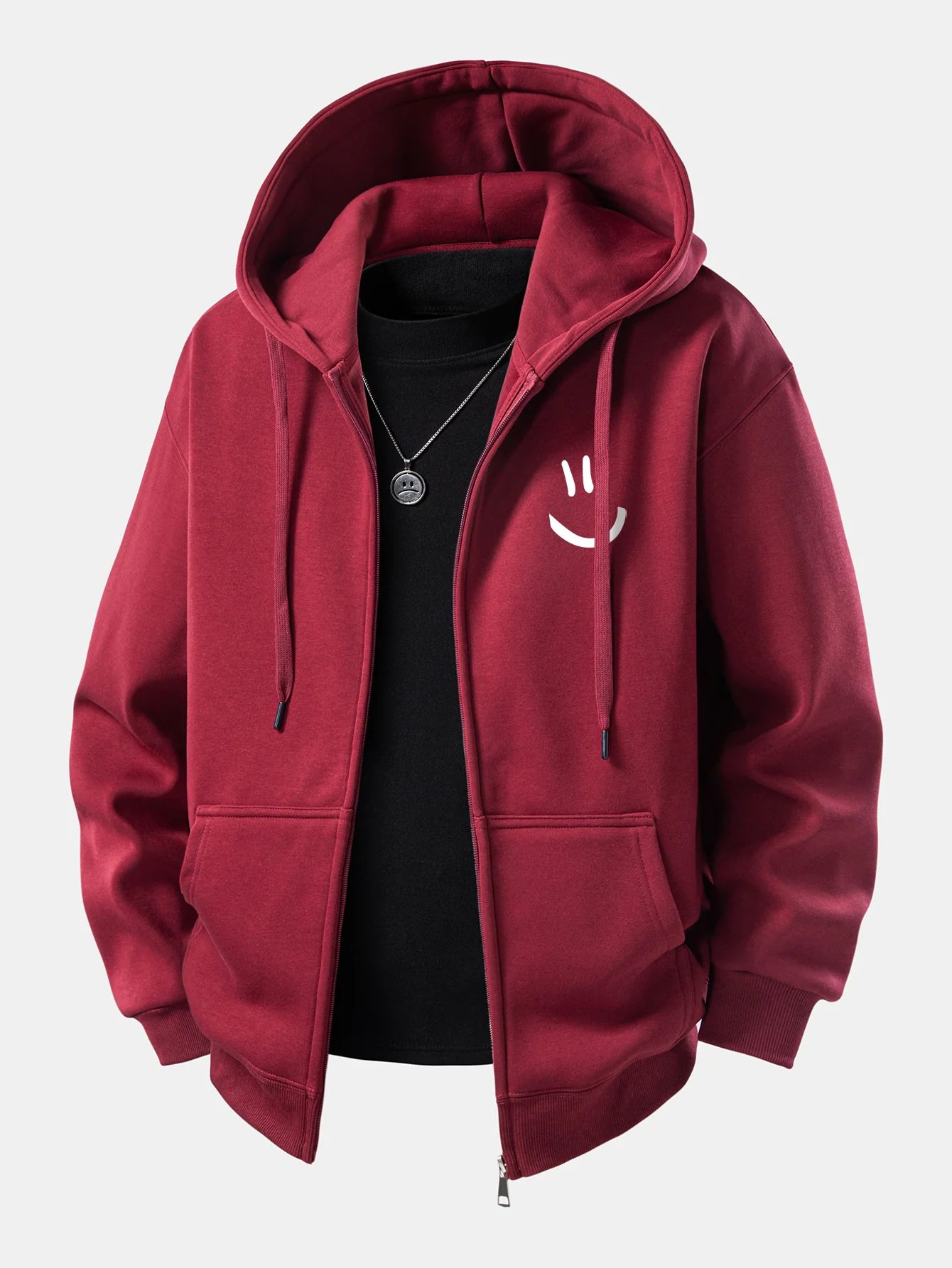 Smiley Face Print Zip-Up Hoodie - Image 3