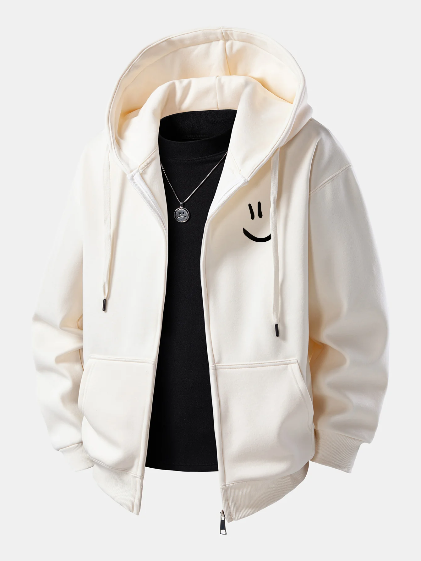 Smiley Face Print Zip-Up Hoodie - Image 5