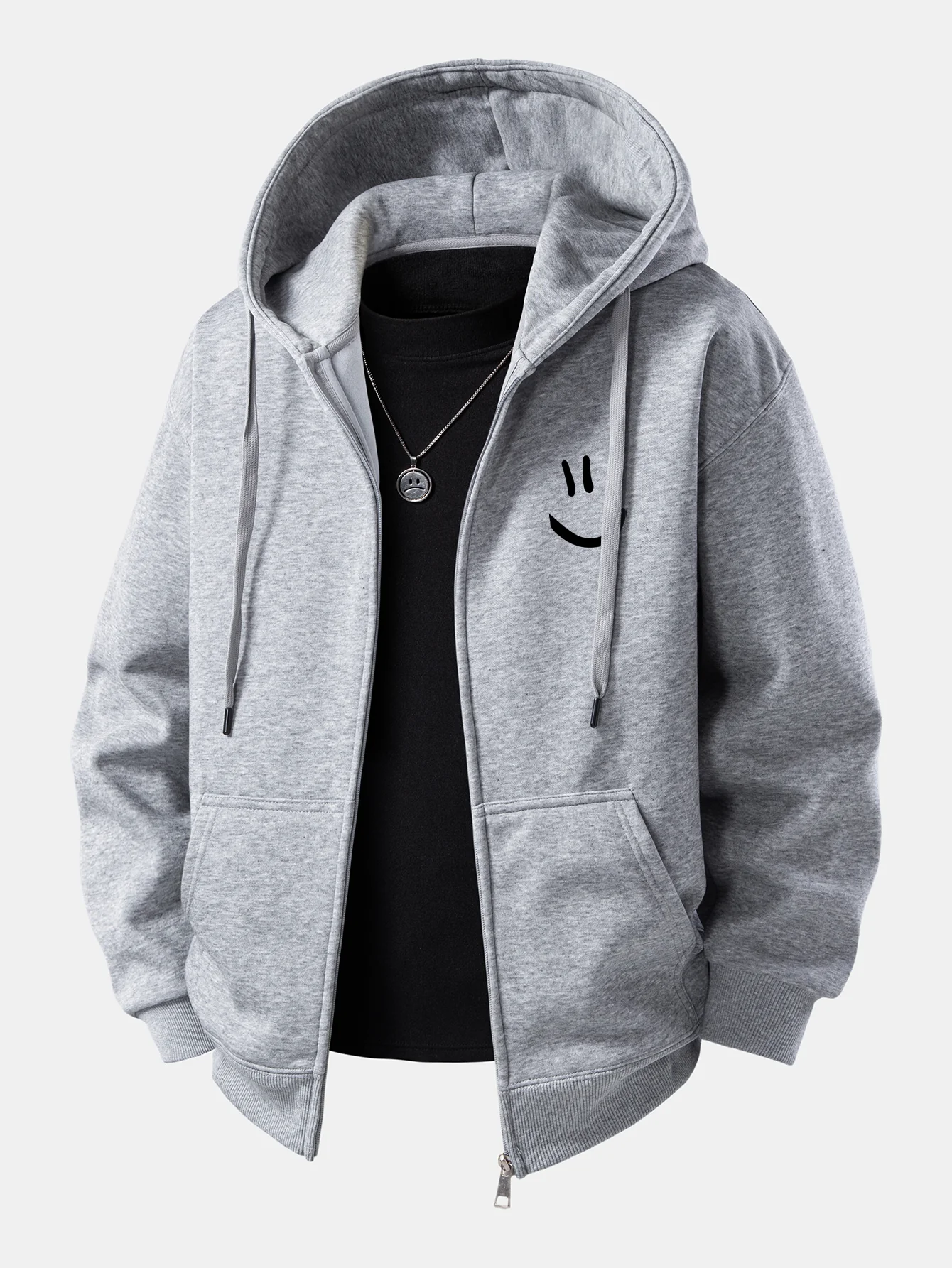 Smiley Face Print Zip-Up Hoodie - Image 7