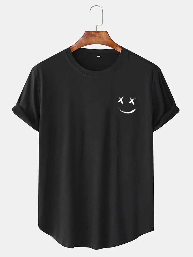 Smiley Print Bogen Saum T-Shirt - Image 3