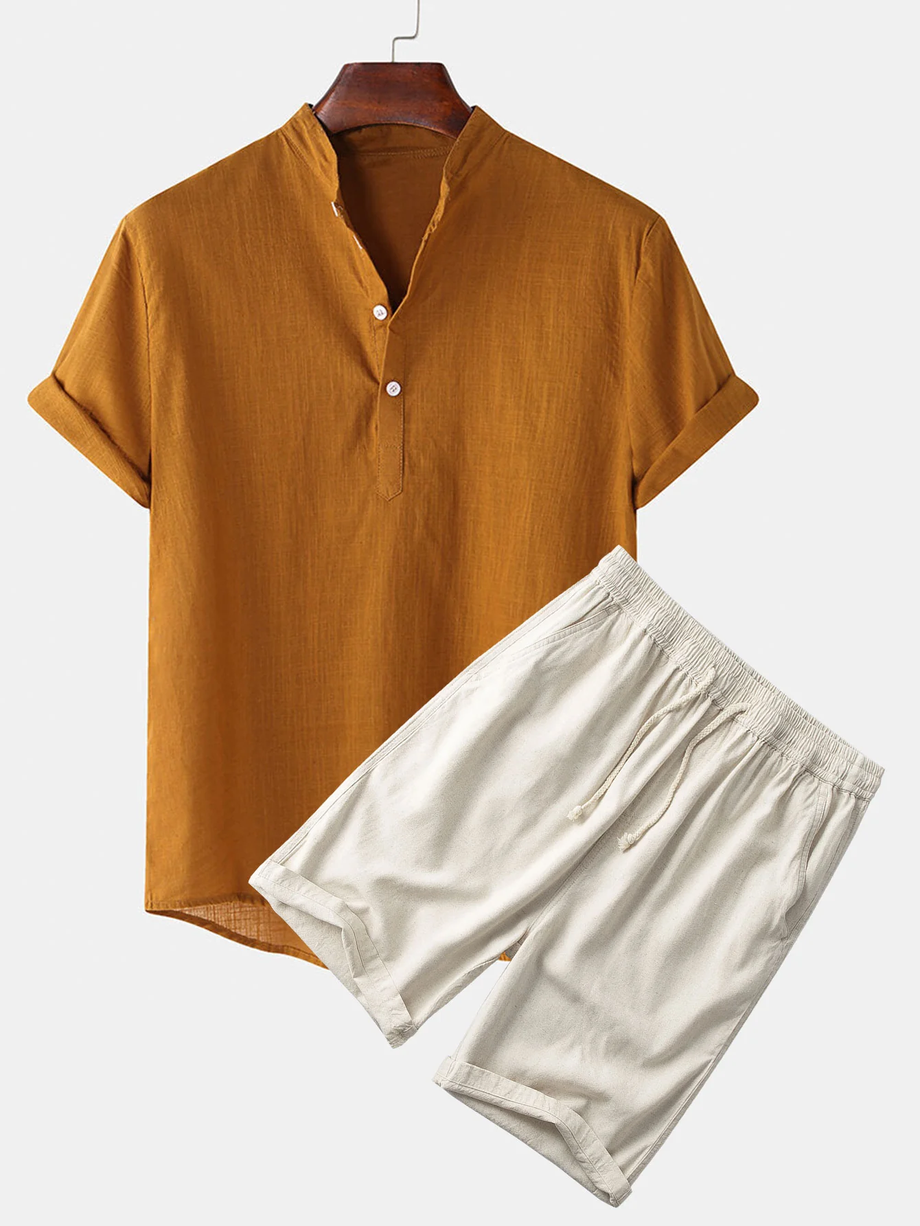 Einfarbige Basic Henley-Shirts & Leinen-Baumwoll-Mix 11" Shorts