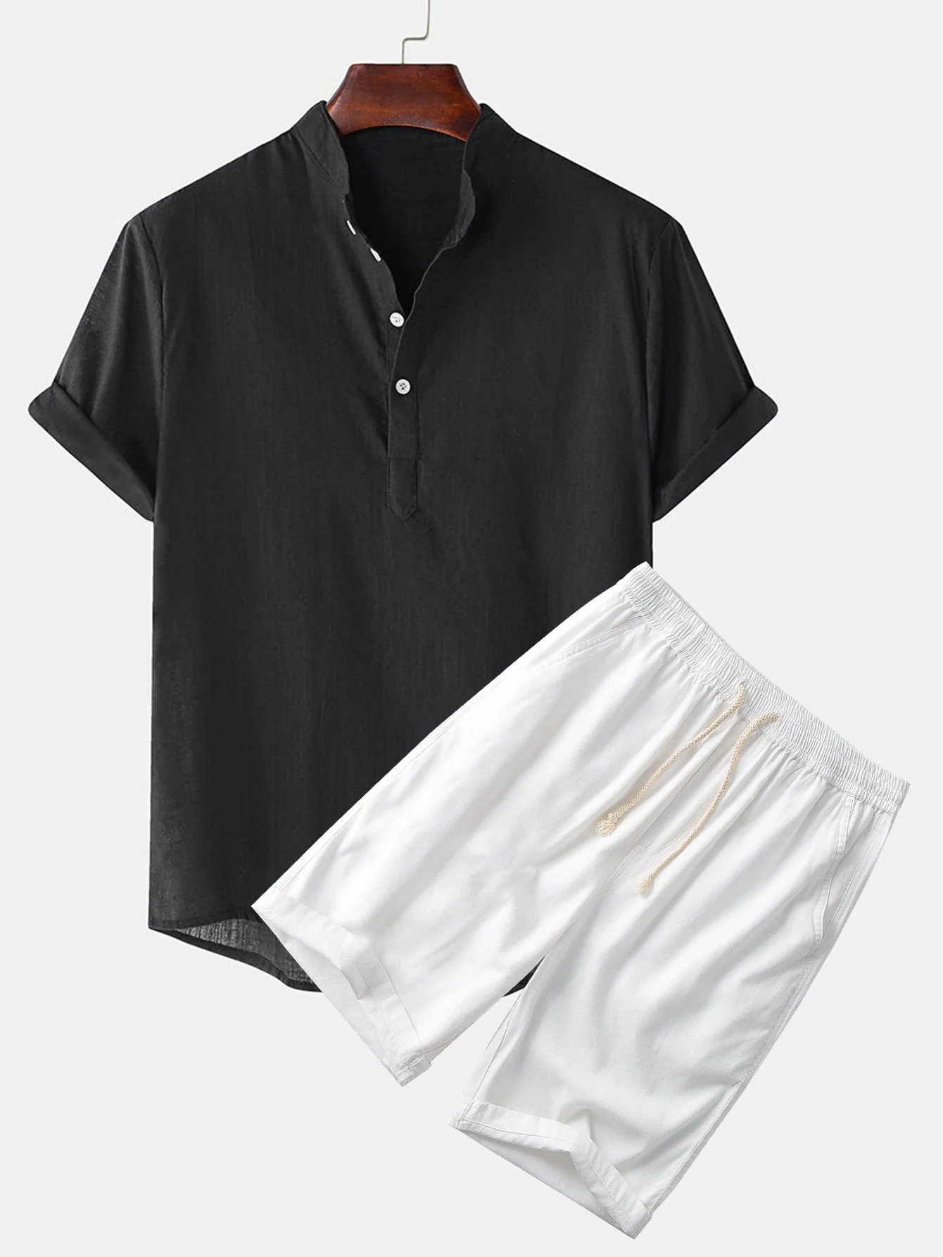 Einfarbige Basic Henley-Shirts & Leinen-Baumwoll-Mix 11" Shorts - Image 2