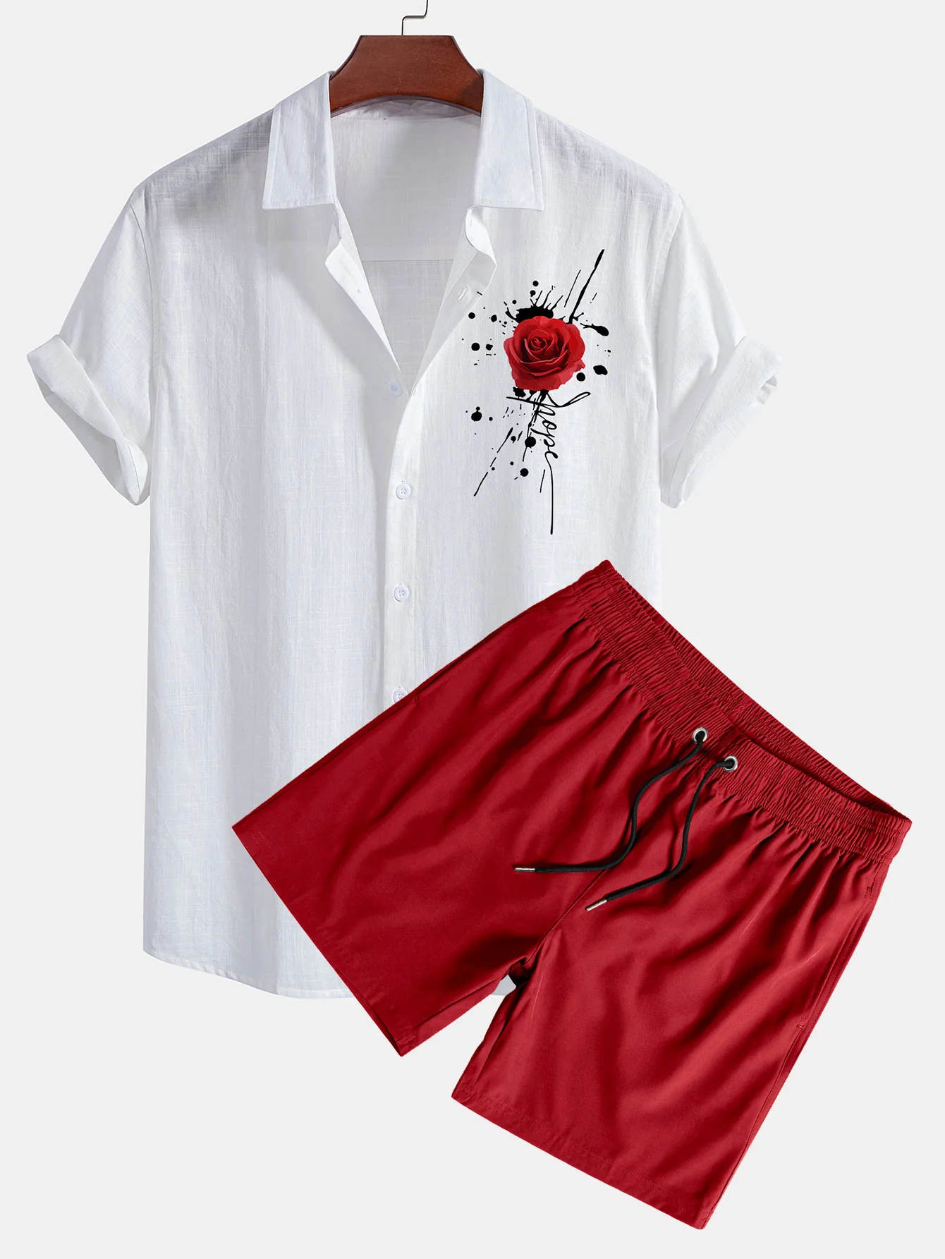 Splash Rose Print Leinenlook Baumwollhemd mit Knöpfen & Badeshorts