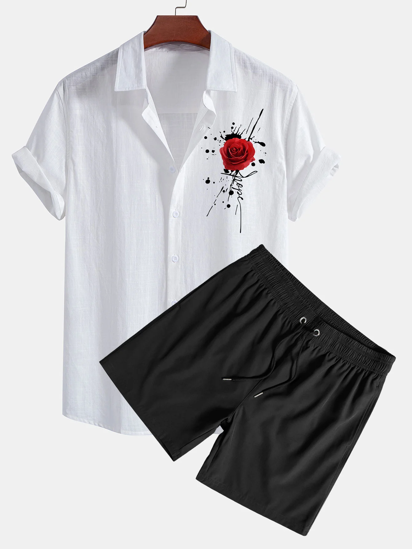 Splash Rose Print Leinenlook Baumwollhemd mit Knöpfen & Badeshorts - Image 2
