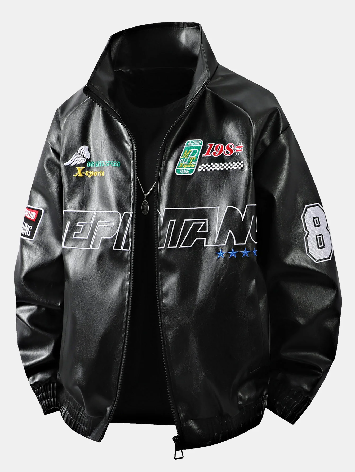 Fleecegefütterte bestickte Leder-Rennjacke