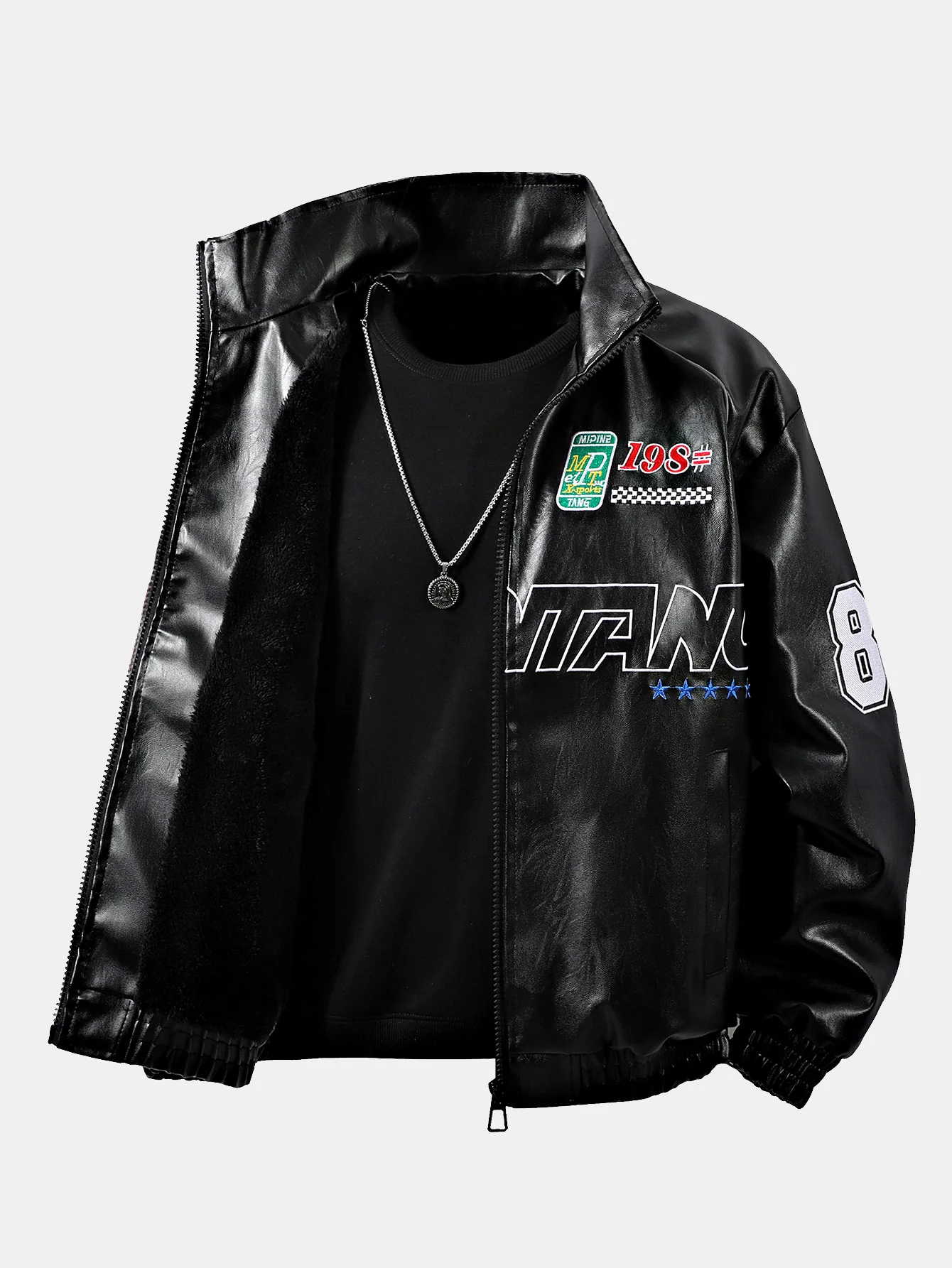 Fleecegefütterte bestickte Leder-Rennjacke - Image 3