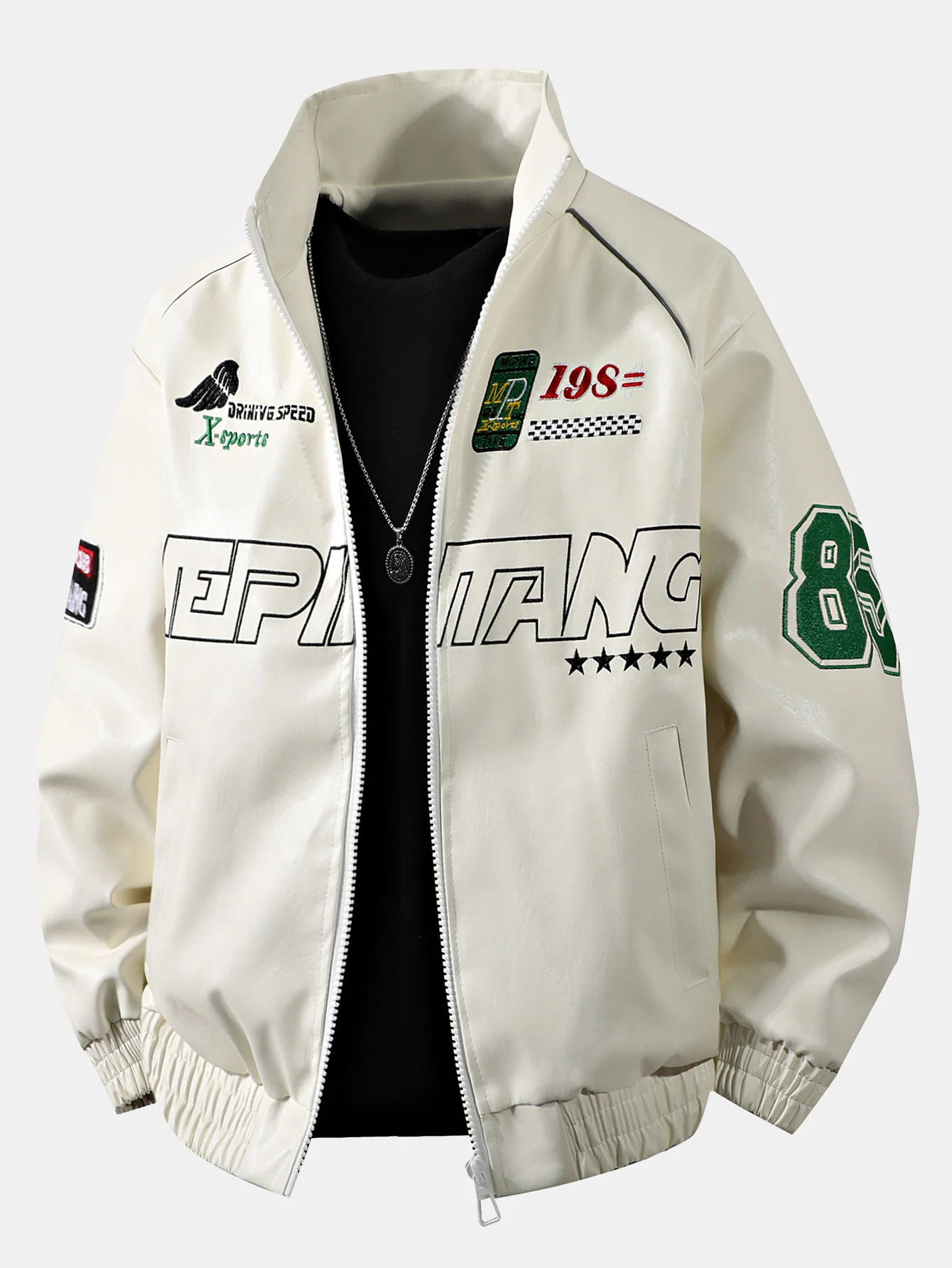 Fleecegefütterte bestickte Leder-Rennjacke - Image 4
