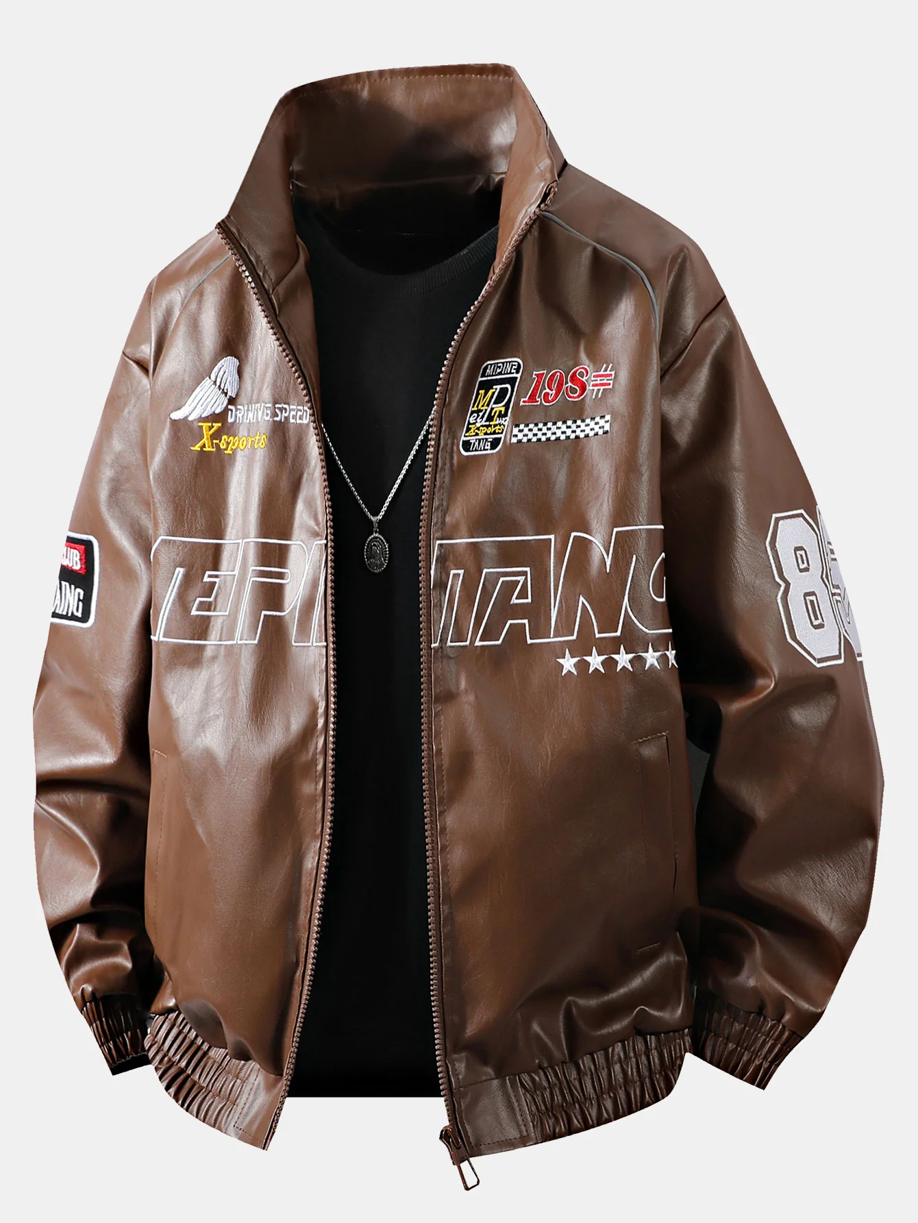 Fleecegefütterte bestickte Leder-Rennjacke - Image 6