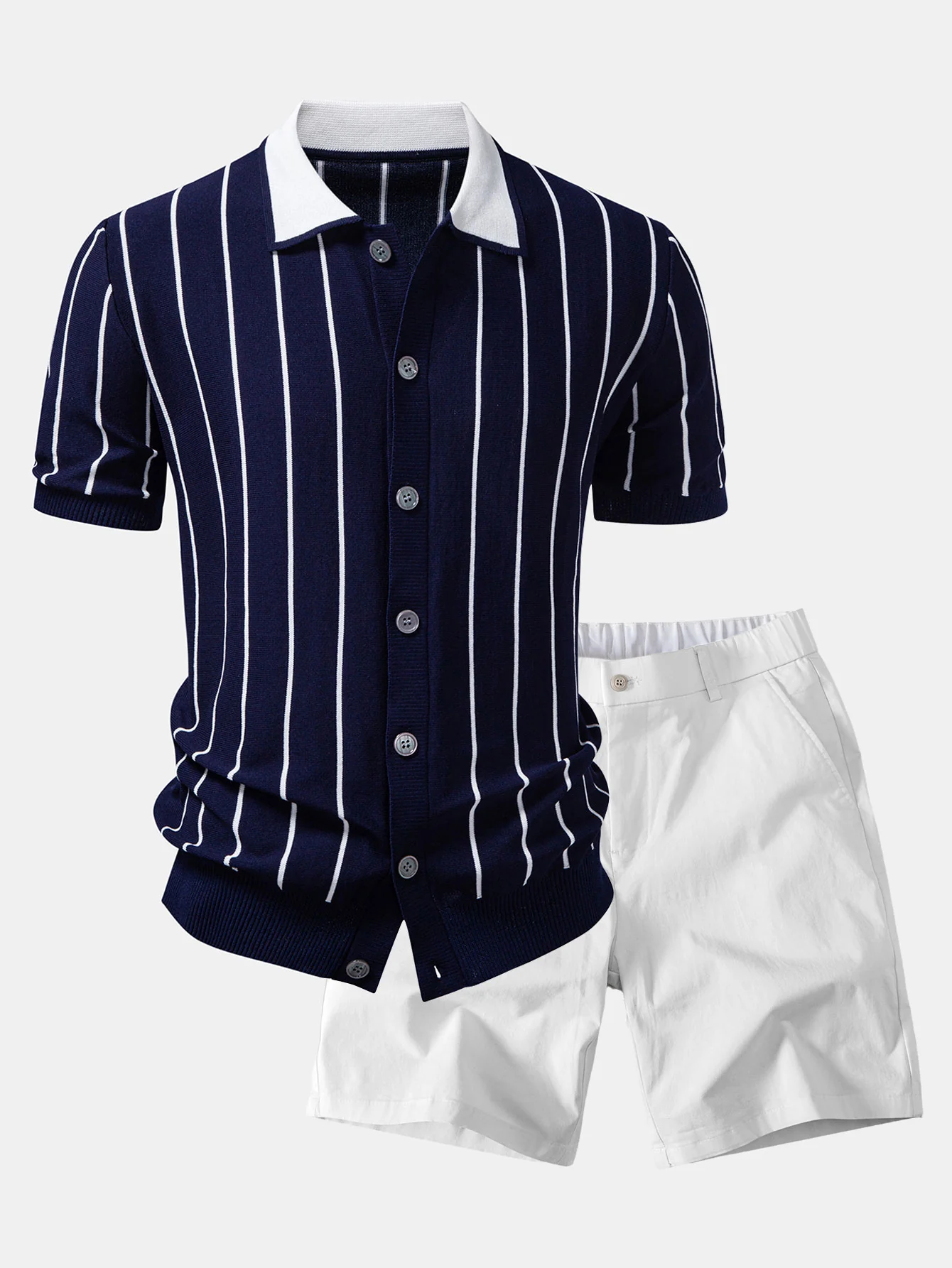 Stripe Button Up Knit Shirt & Elastic Waist Chino Shorts