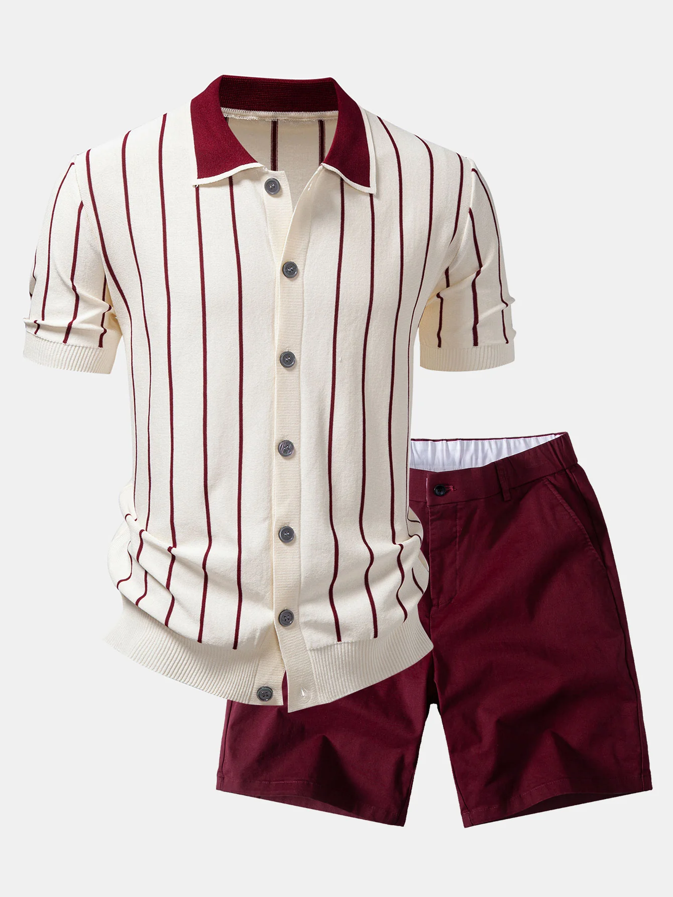 Stripe Button Up Knit Shirt & Elastic Waist Chino Shorts - Image 2