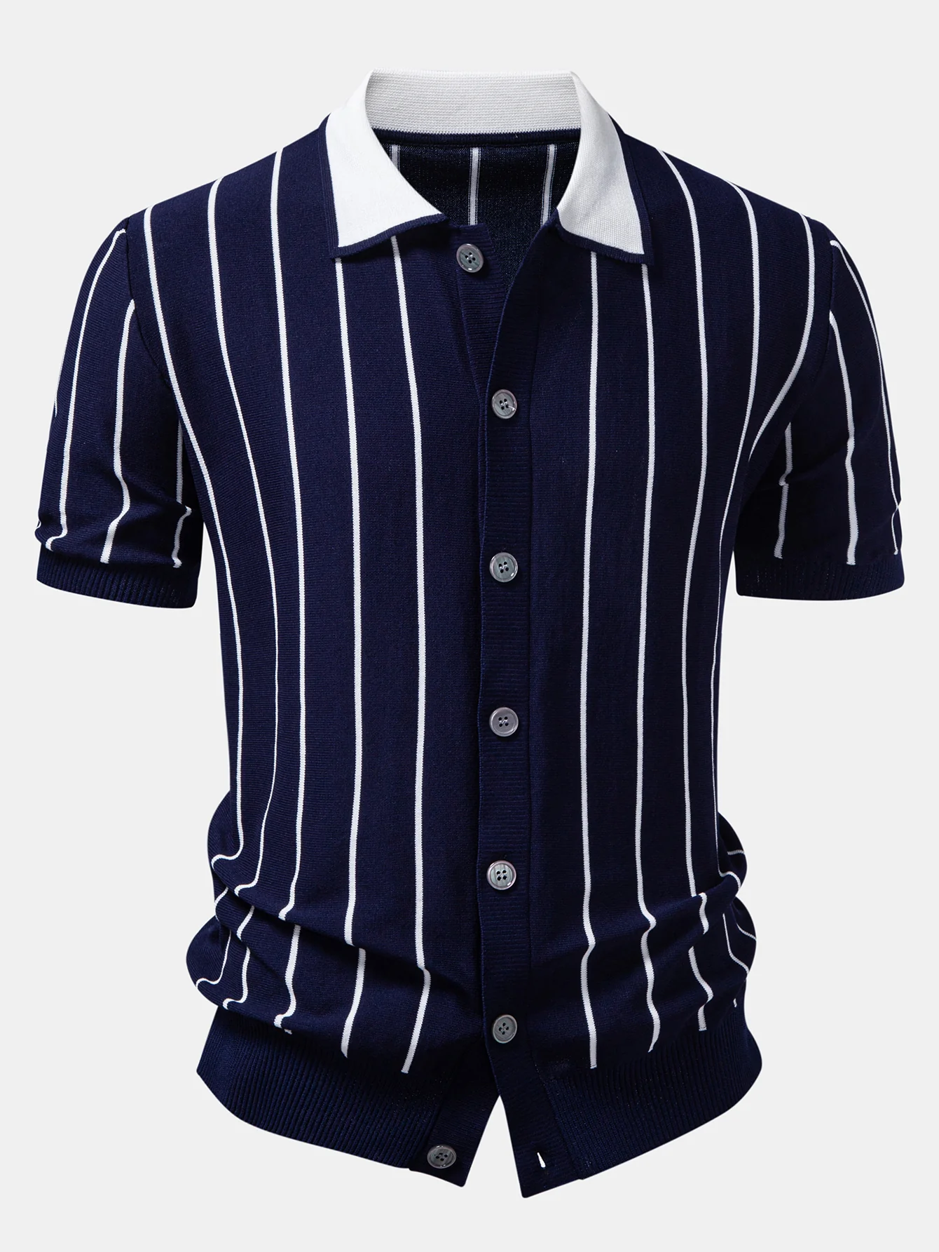 Stripe Button Up Knit Shirt & Elastic Waist Chino Shorts - Image 3