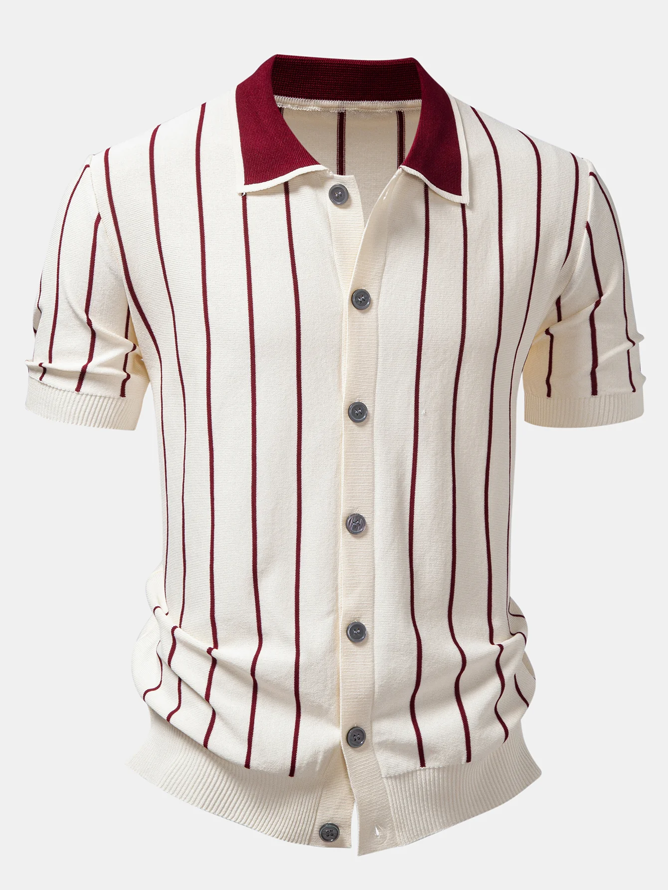 Stripe Button Up Knit Shirt & Elastic Waist Chino Shorts - Image 5