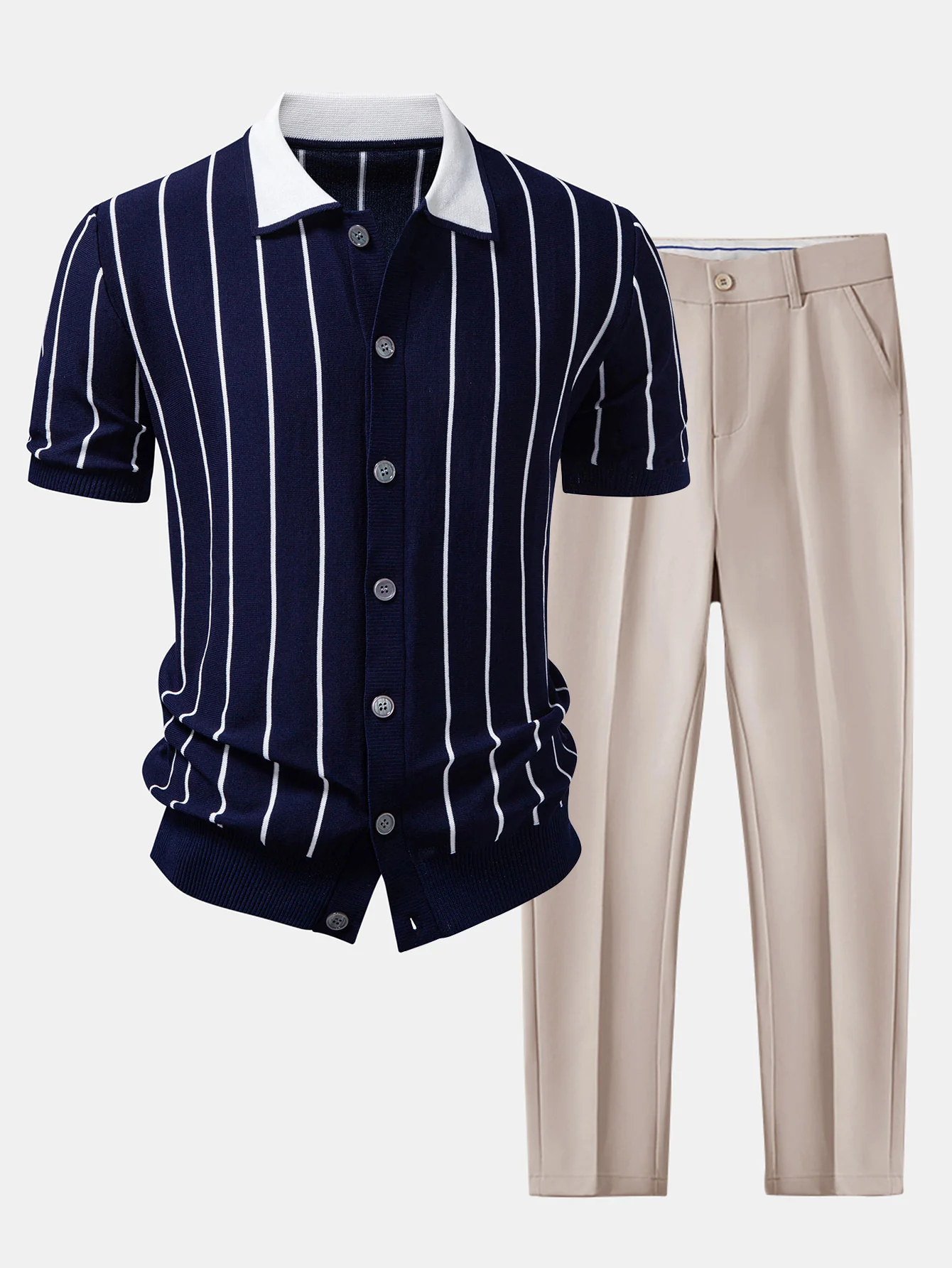 Stripe Button Up Knit Shirt & Slim Fit Tapered Trousers