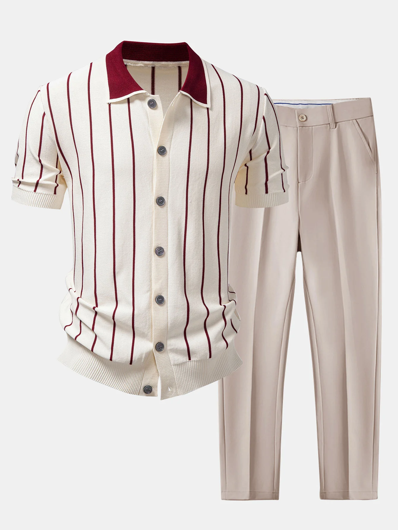 Stripe Button Up Knit Shirt & Slim Fit Tapered Trousers - Image 2