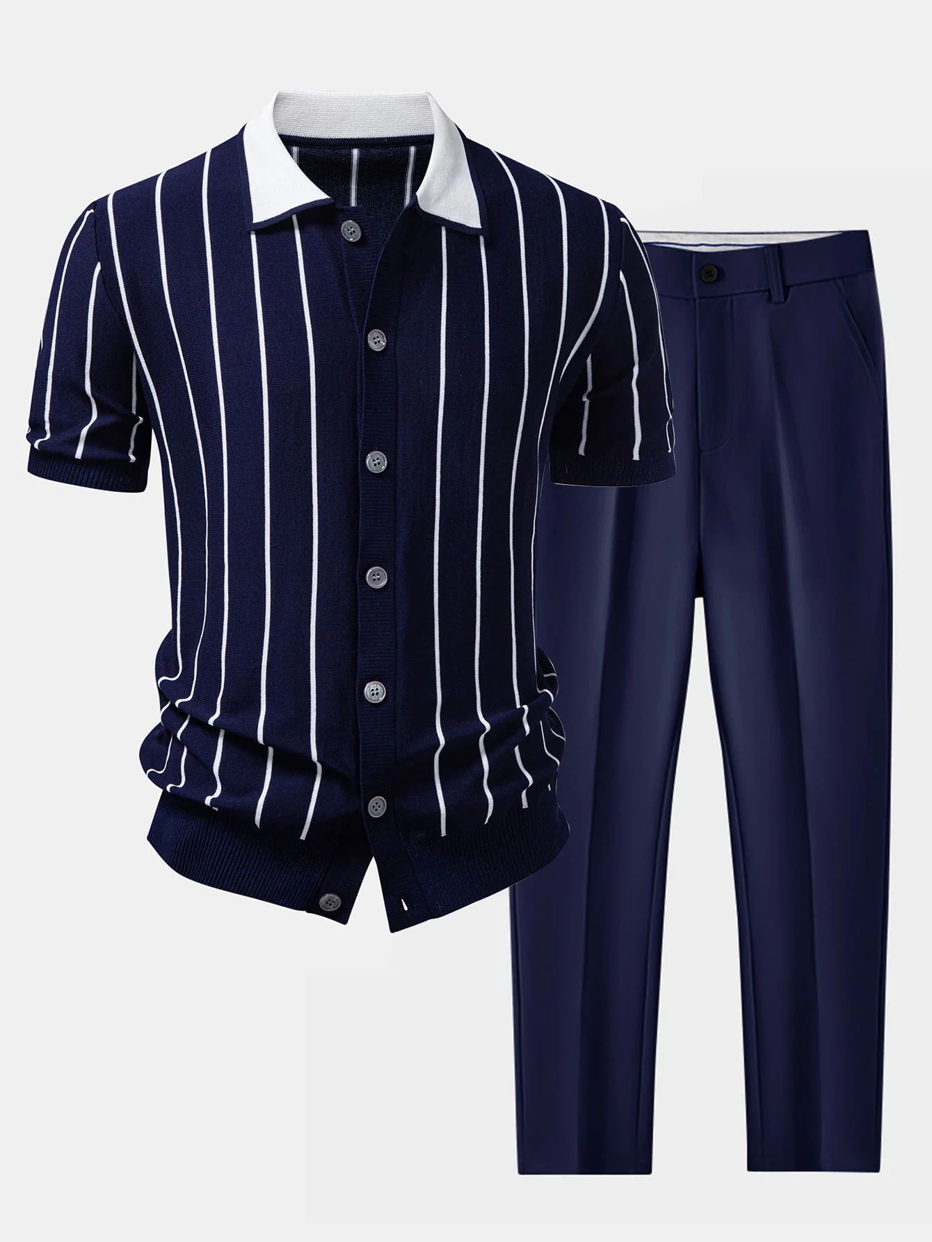 Stripe Button Up Knit Shirt & Slim Fit Tapered Trousers - Image 3