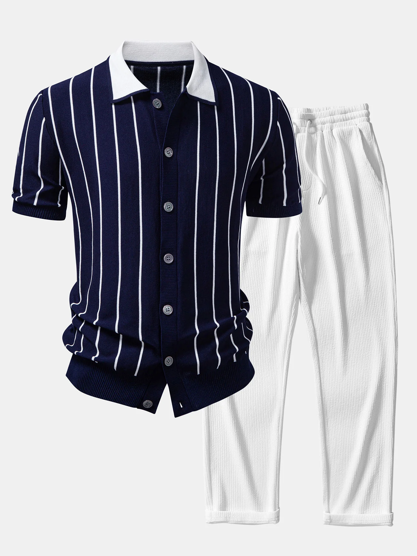 Stripe Button Up Knit Shirt & Straight Leg Ribbed Pants