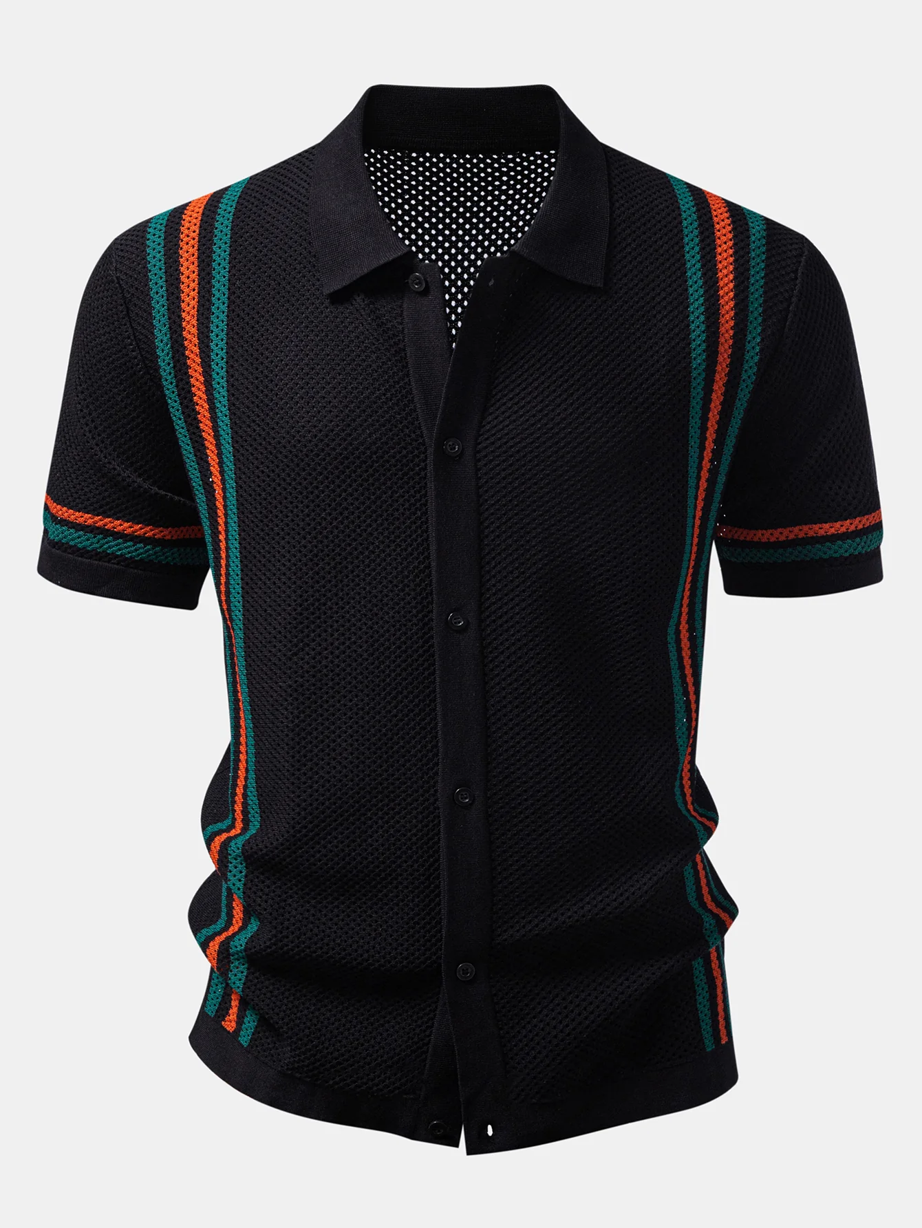 Stripe Button Up Open Knit Shirt & Drawstring Shorts - Image 2