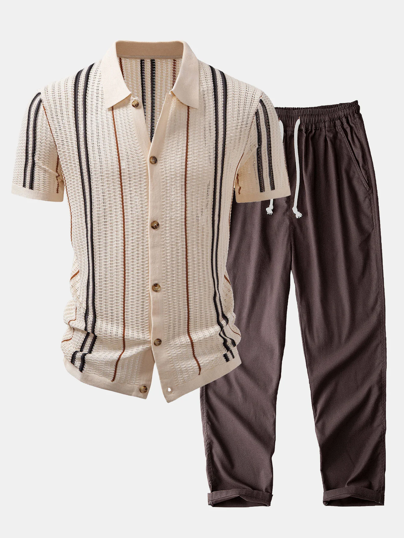 Gestreiftes Häkel-Knopfleistenhemd & Leinenhose mit geradem Bein - Image 3