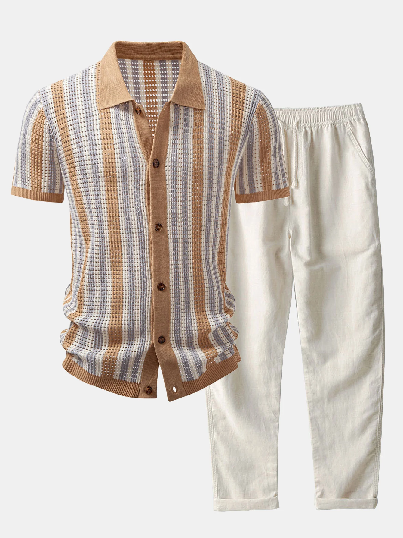 Streifen-Augenloch-Häkelshirt & Leinenhose mit geradem Bein