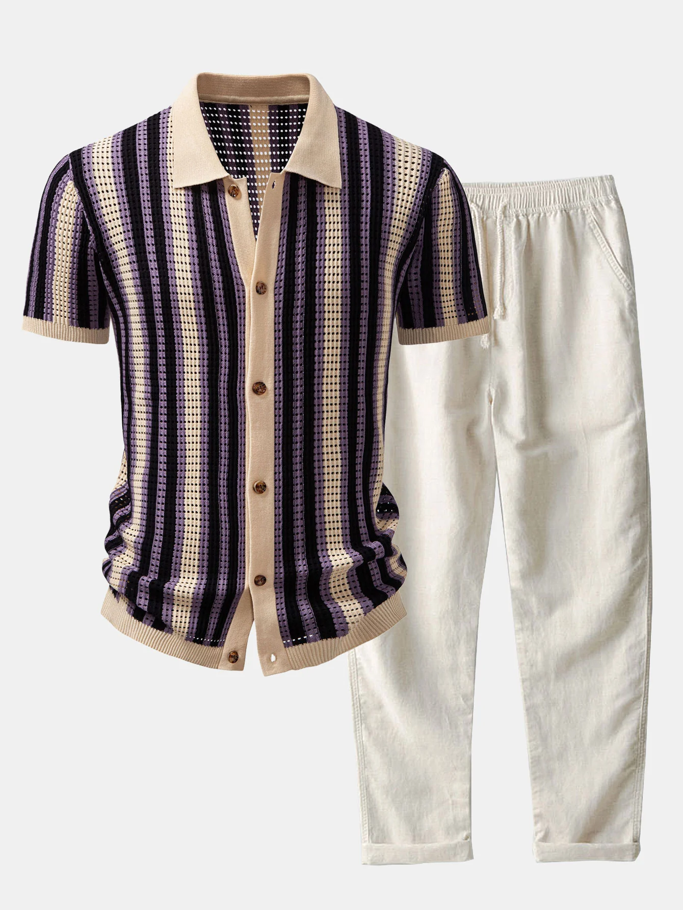 Streifen-Augenloch-Häkelshirt & Leinenhose mit geradem Bein - Image 2