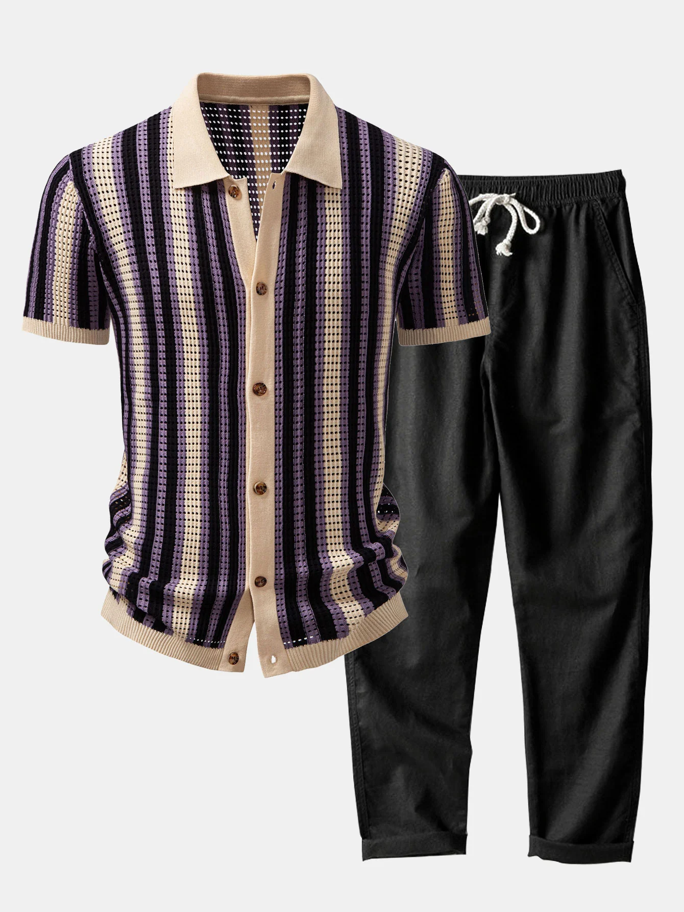 Streifen-Augenloch-Häkelshirt & Leinenhose mit geradem Bein - Image 3