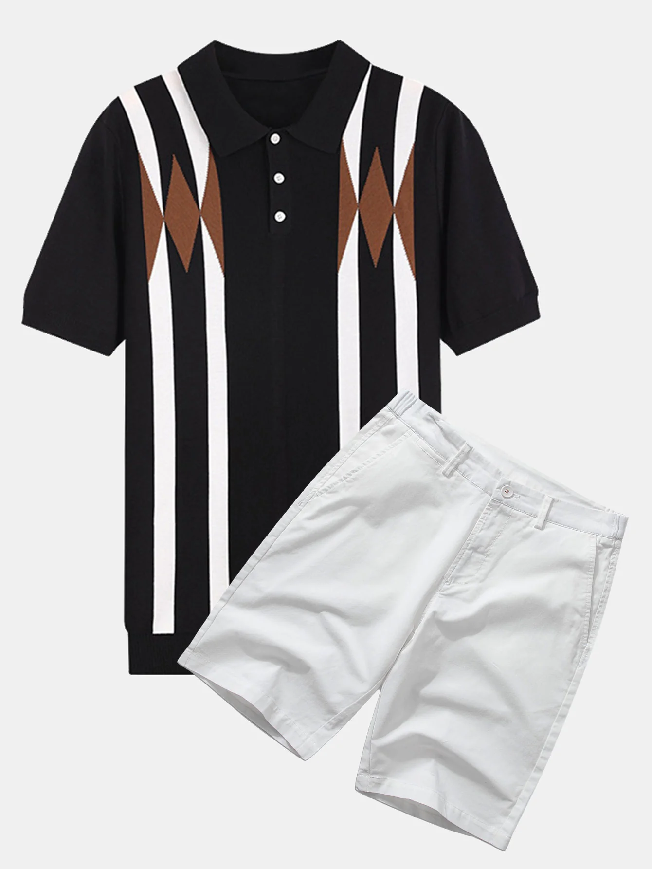 Gestreiftes geometrisches Jacquard gestricktes Poloshirts & Baumwoll Chino Shorts - Image 3