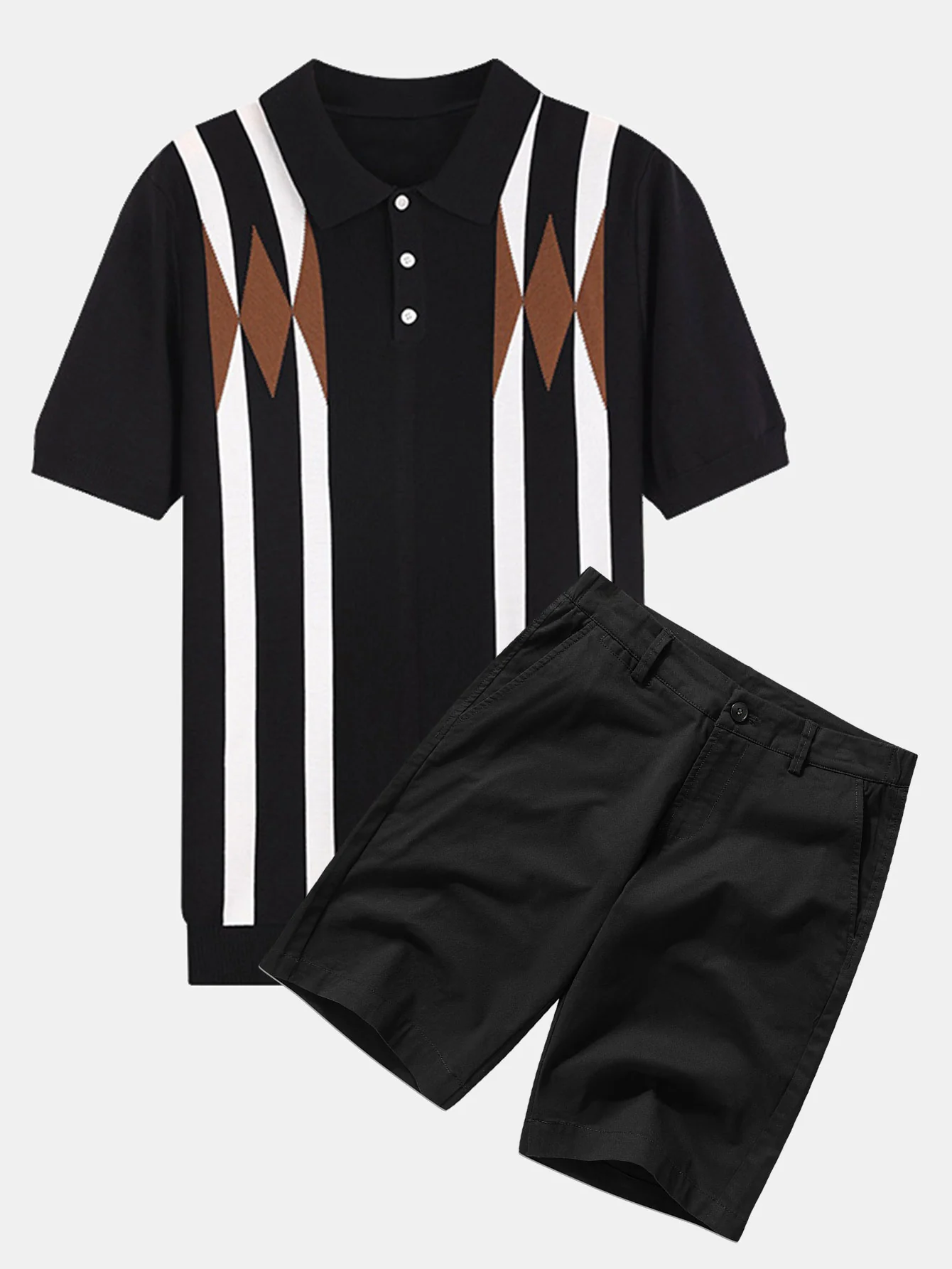 Gestreiftes geometrisches Jacquard gestricktes Poloshirts & Baumwoll Chino Shorts - Image 4