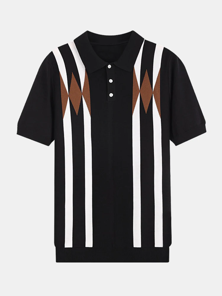 Gestreiftes geometrisches Jacquard gestricktes Poloshirts & Baumwoll Chino Shorts - Image 7