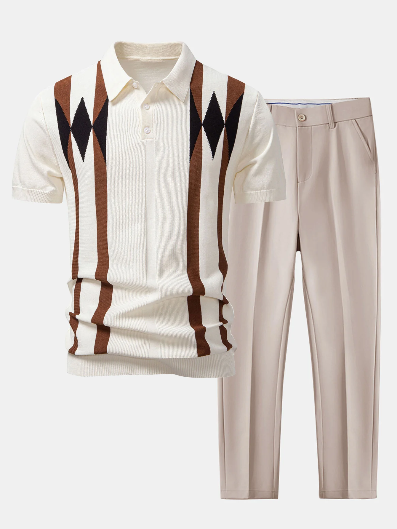 Gestreiftes geometrisches Jacquard-Strick-Poloshirt & schlanke, konisch geschnittene Hose - Image 2