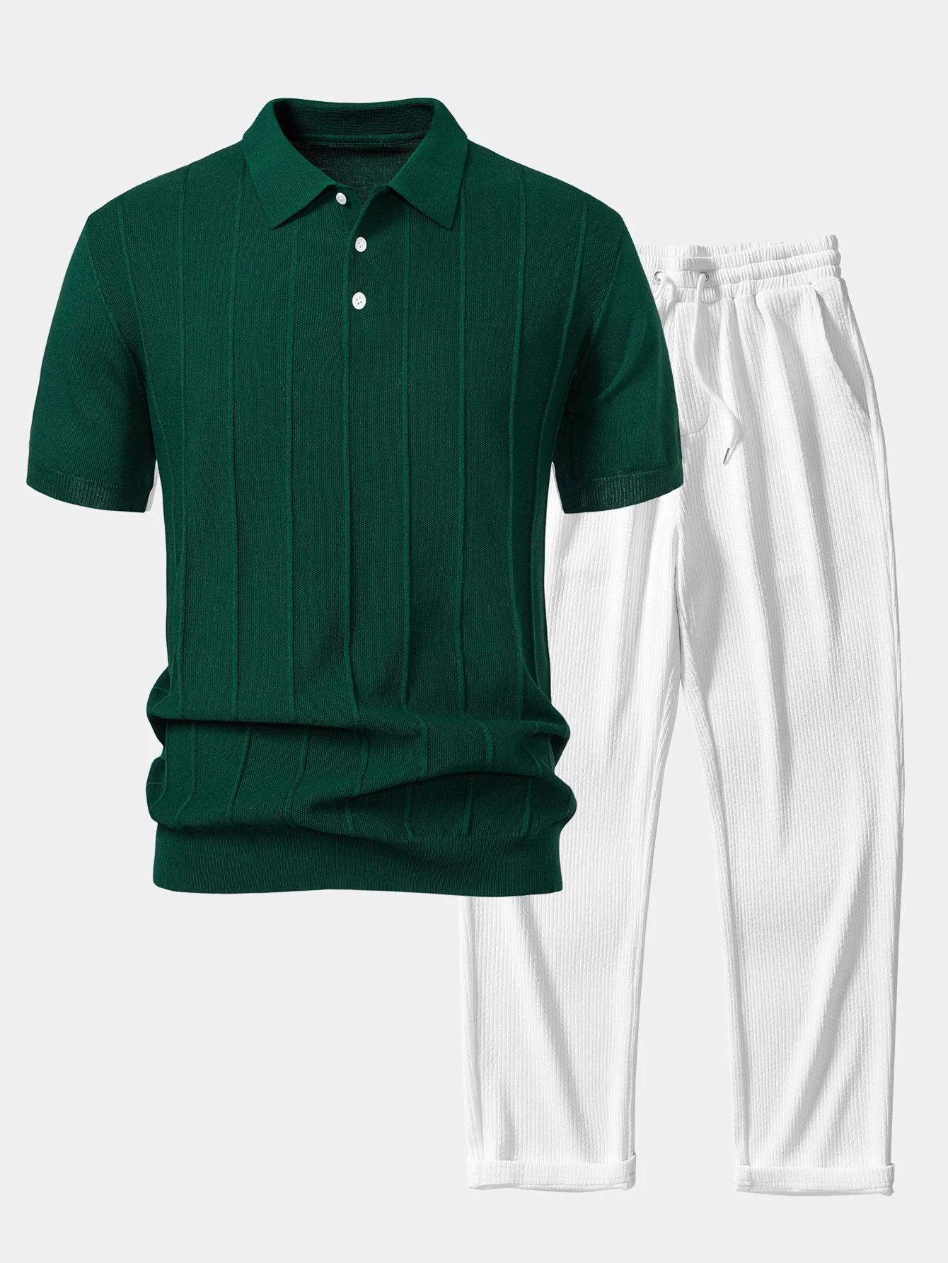 Stripe Jacquard Strick-Poloshirt & gerade geschnittene gerippte Hose