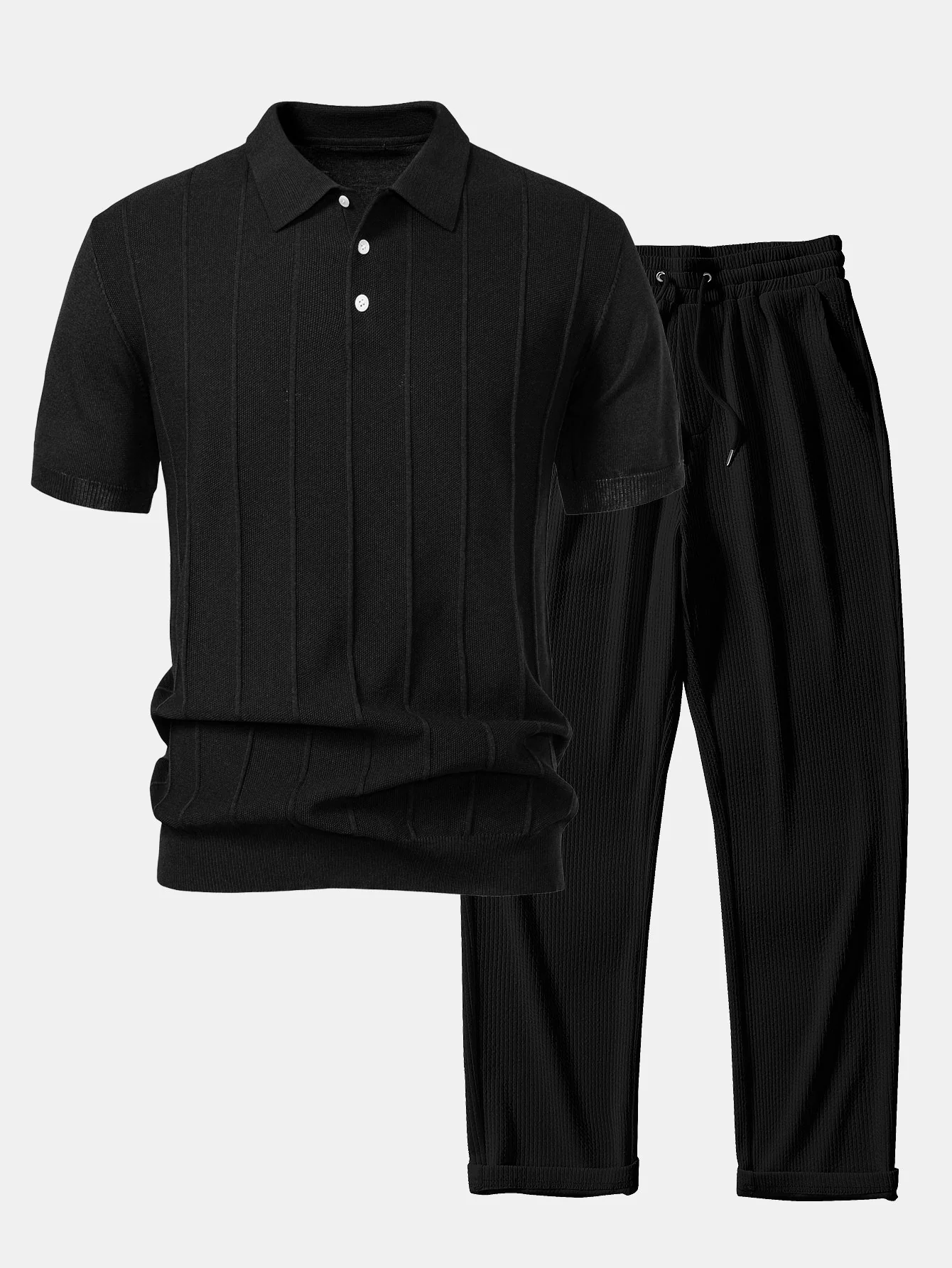 Stripe Jacquard Strick-Poloshirt & gerade geschnittene gerippte Hose - Image 2