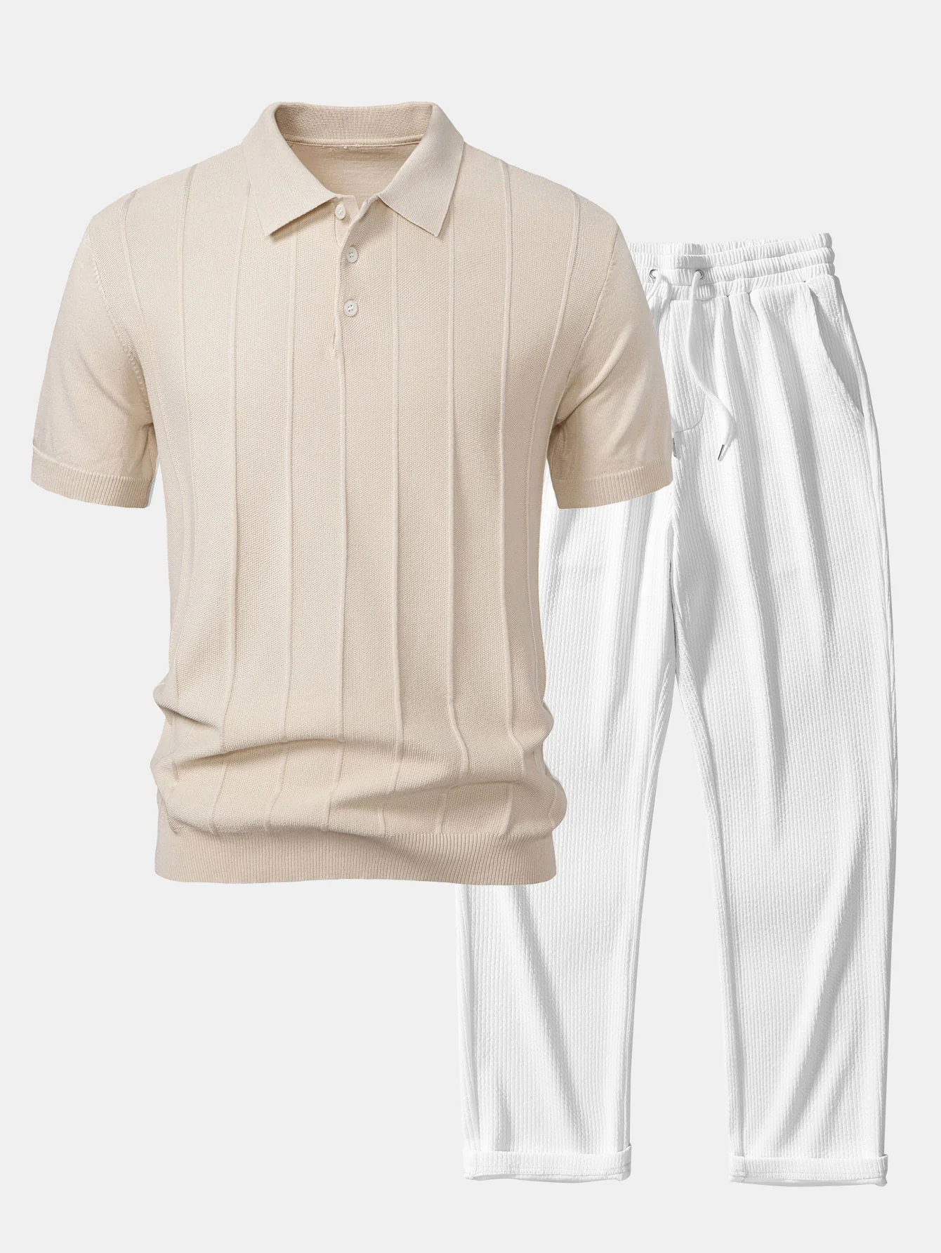 Stripe Jacquard Strick-Poloshirt & gerade geschnittene gerippte Hose - Image 3