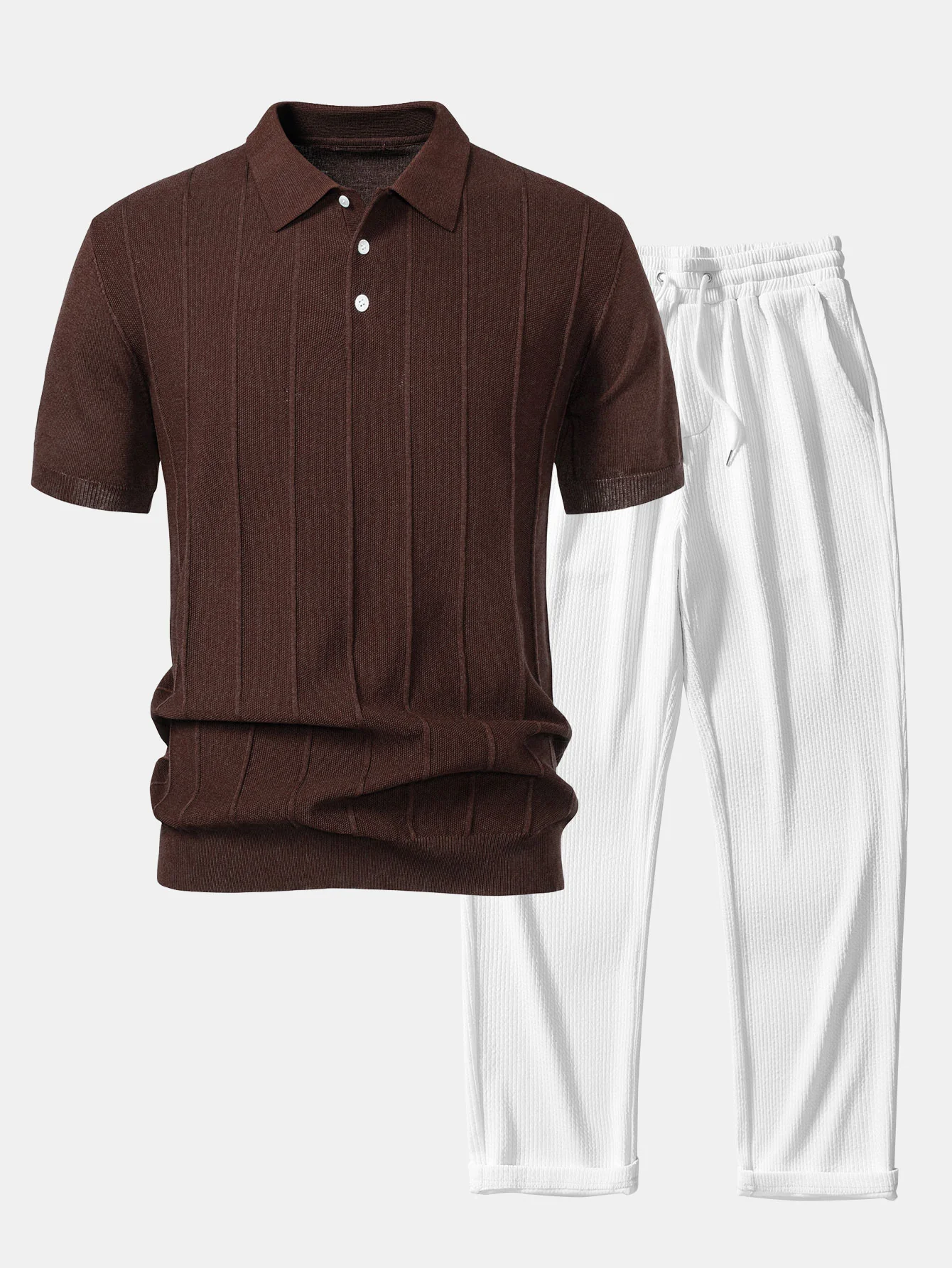 Stripe Jacquard Strick-Poloshirt & gerade geschnittene gerippte Hose - Image 5