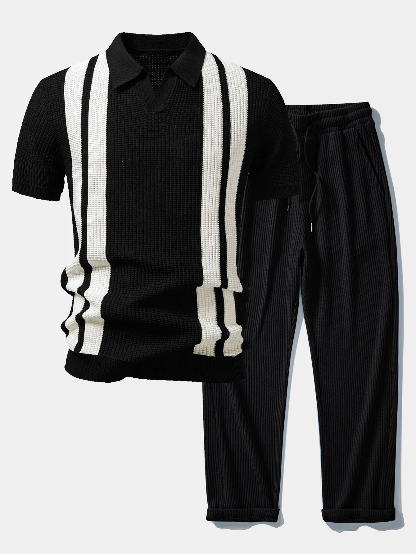 Stripe Johnny Collar Knit Polo & Drawstring Knitted Waffle Pants - Image 2