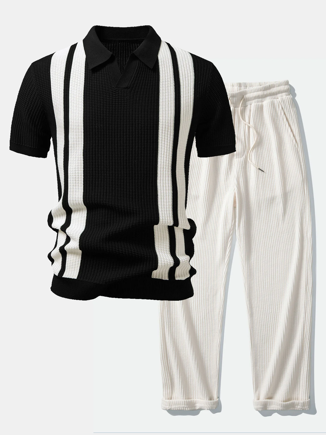 Stripe Johnny Collar Knit Polo & Drawstring Knitted Waffle Pants - Image 3